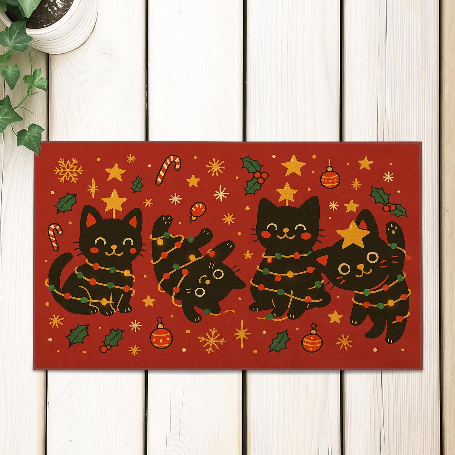Black Cat Doormat, Christmas Entry Rug with Lights Pattern, Indoor Outdoor Holiday Mat