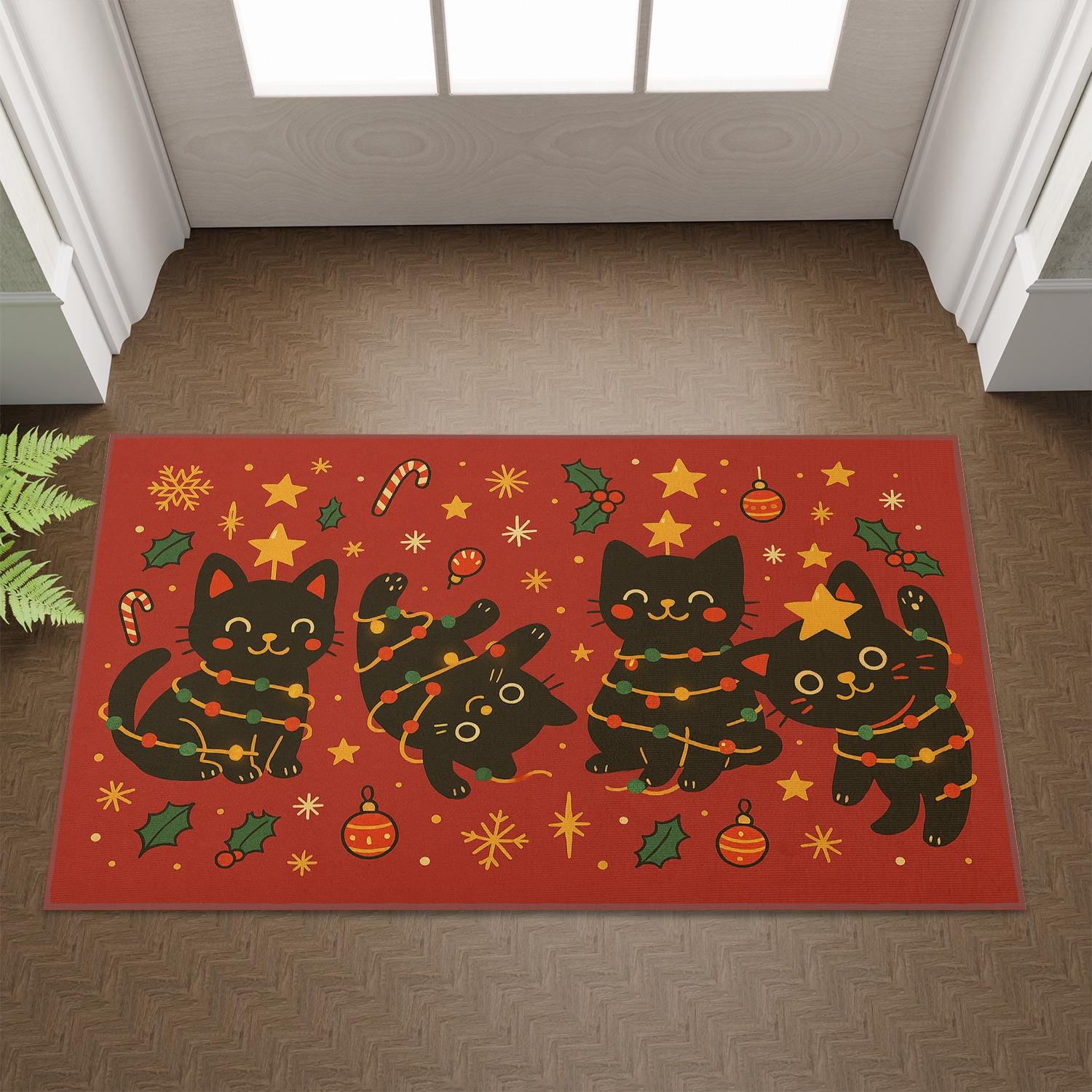 Black Cat Doormat, Christmas Entry Rug with Lights Pattern, Indoor Outdoor Holiday Mat