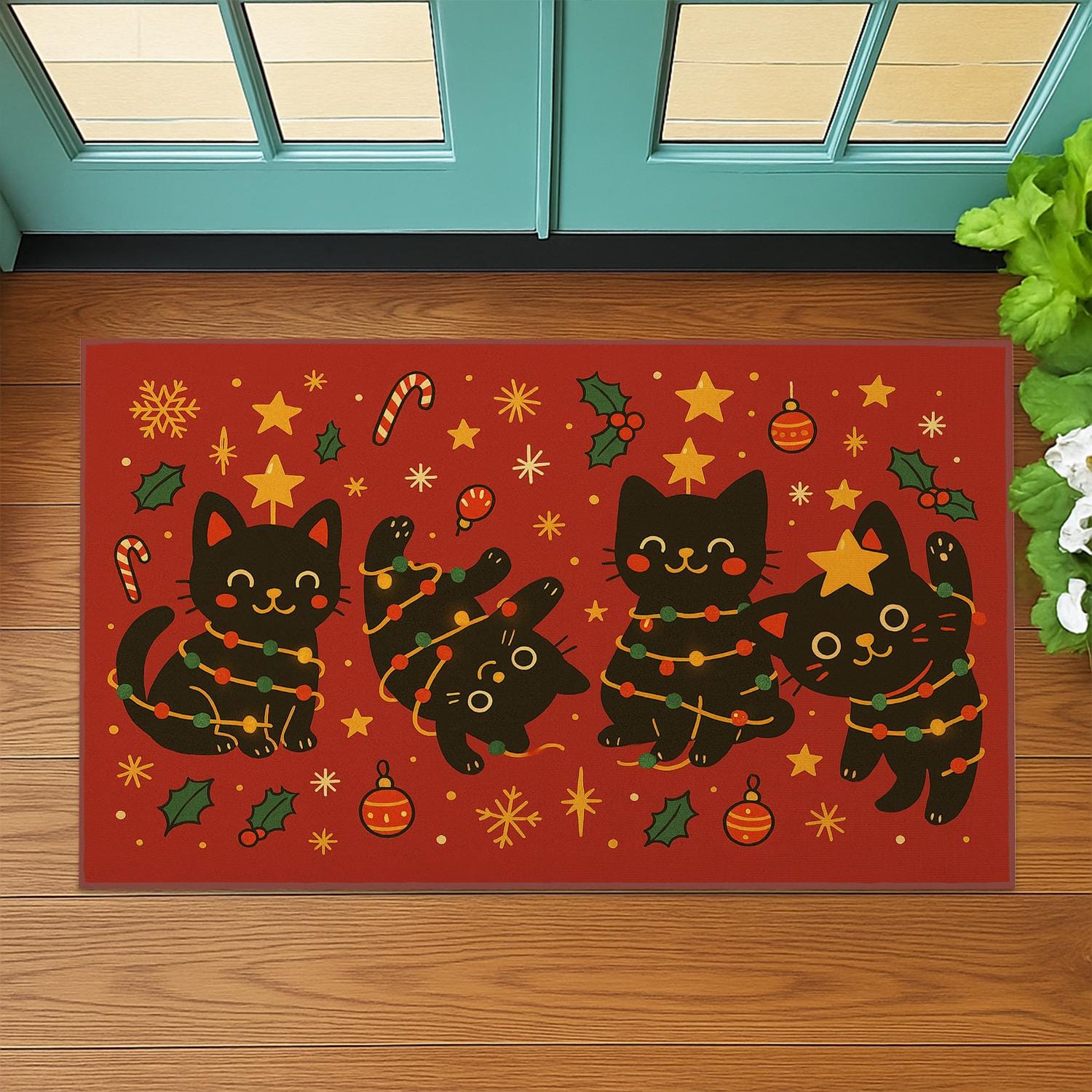 Black Cat Doormat, Christmas Entry Rug with Lights Pattern, Indoor Outdoor Holiday Mat