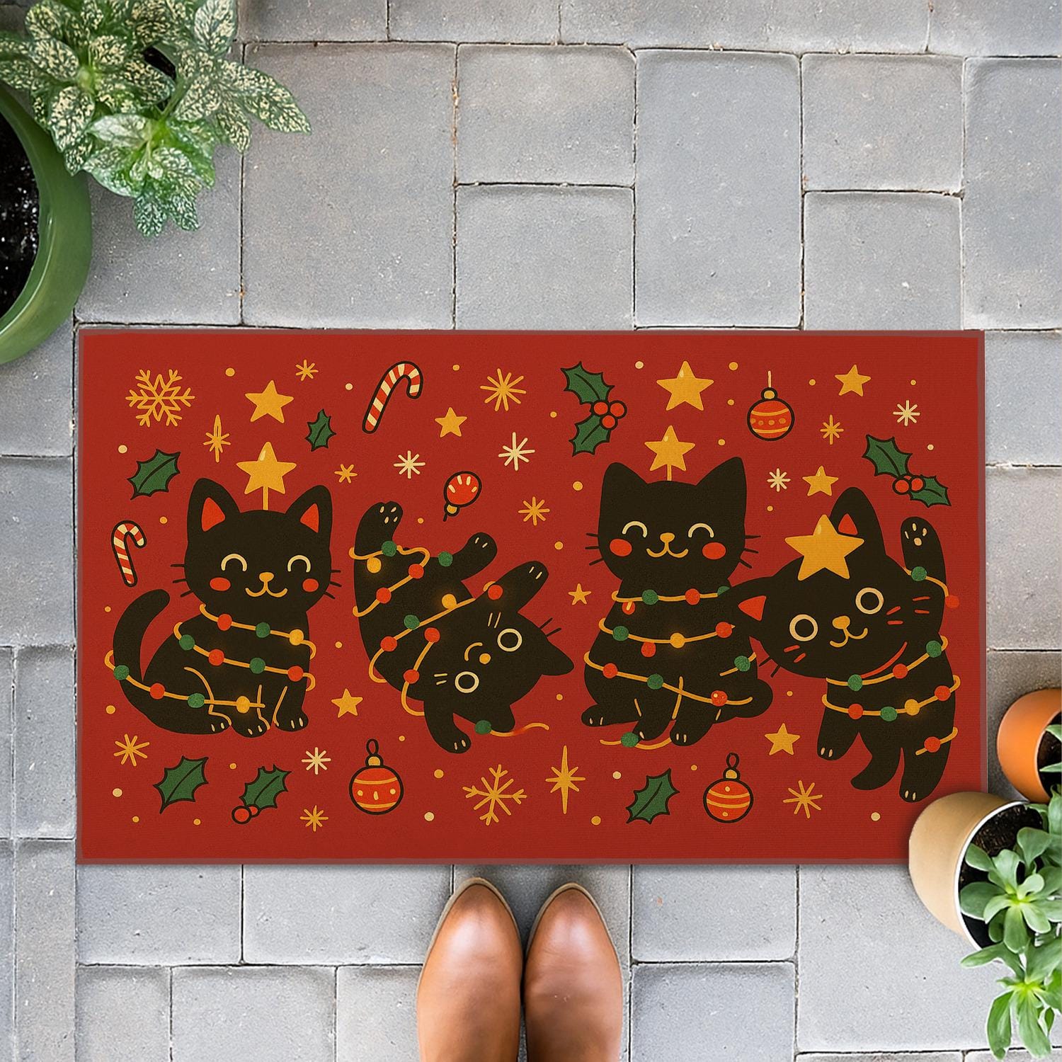 Black Cat Doormat, Christmas Entry Rug with Lights Pattern, Indoor Outdoor Holiday Mat