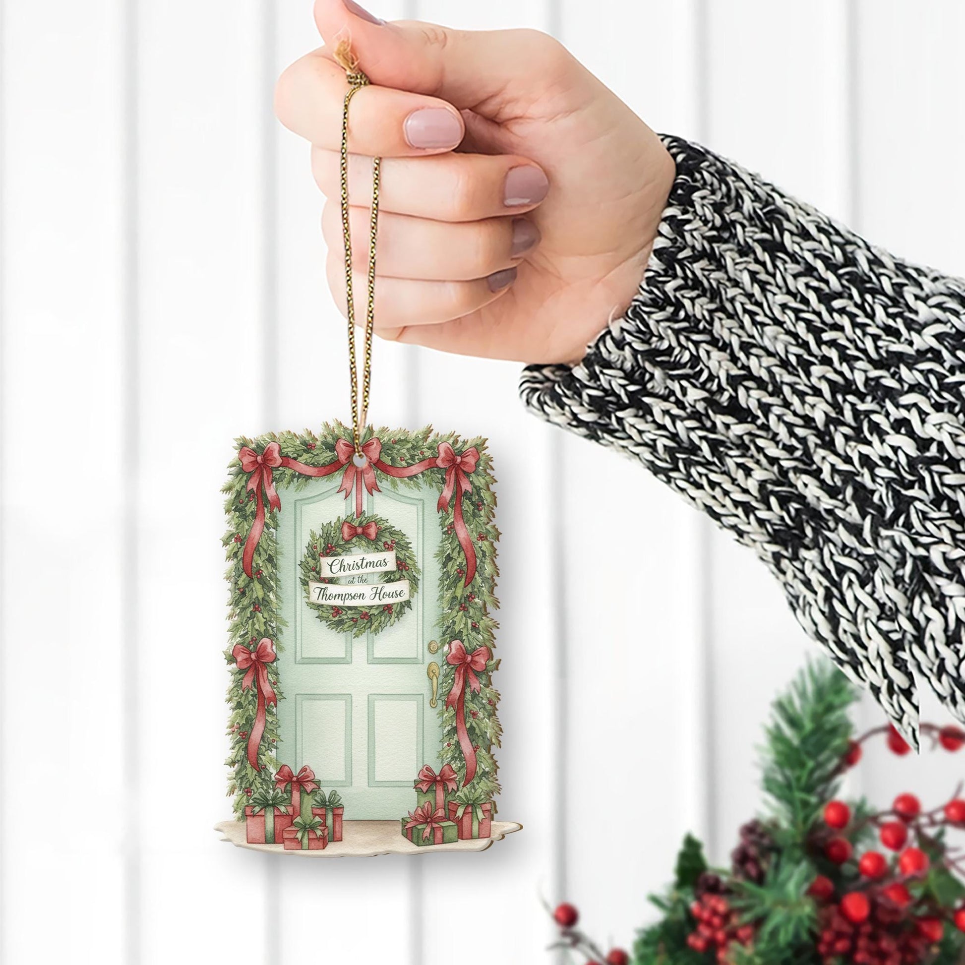 Personalized Door Wreath Christmas Ornament – Painted Wooden House Door Decoration