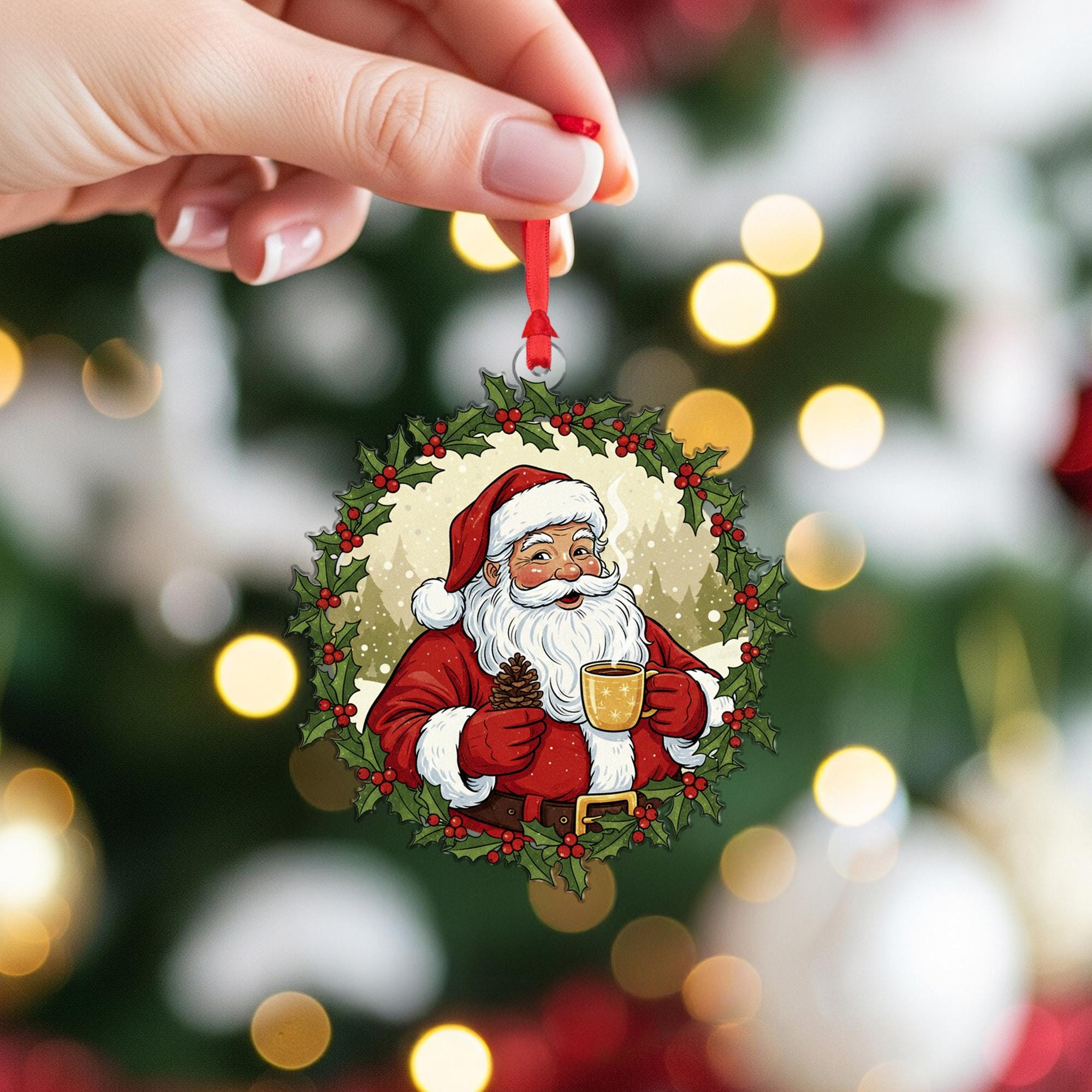 Santa Claus Ornament – Holly Wreath Santa Decoration