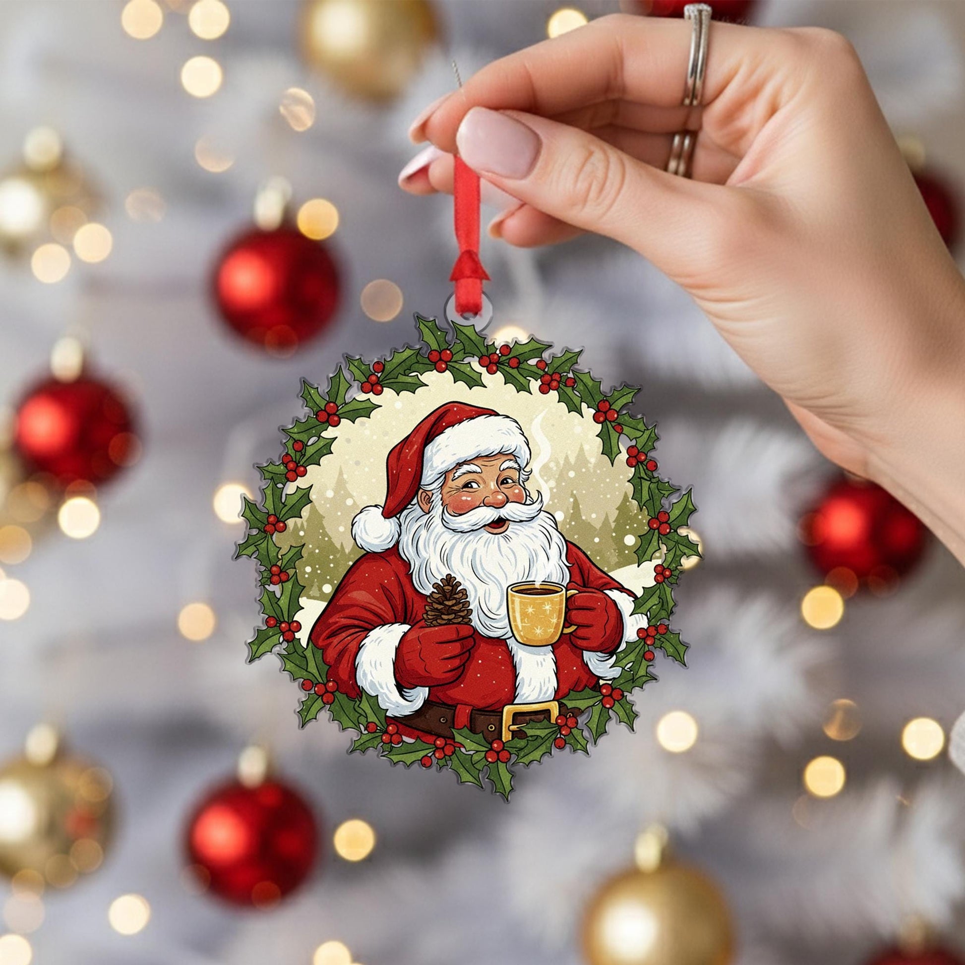 Santa Claus Ornament – Holly Wreath Santa Decoration