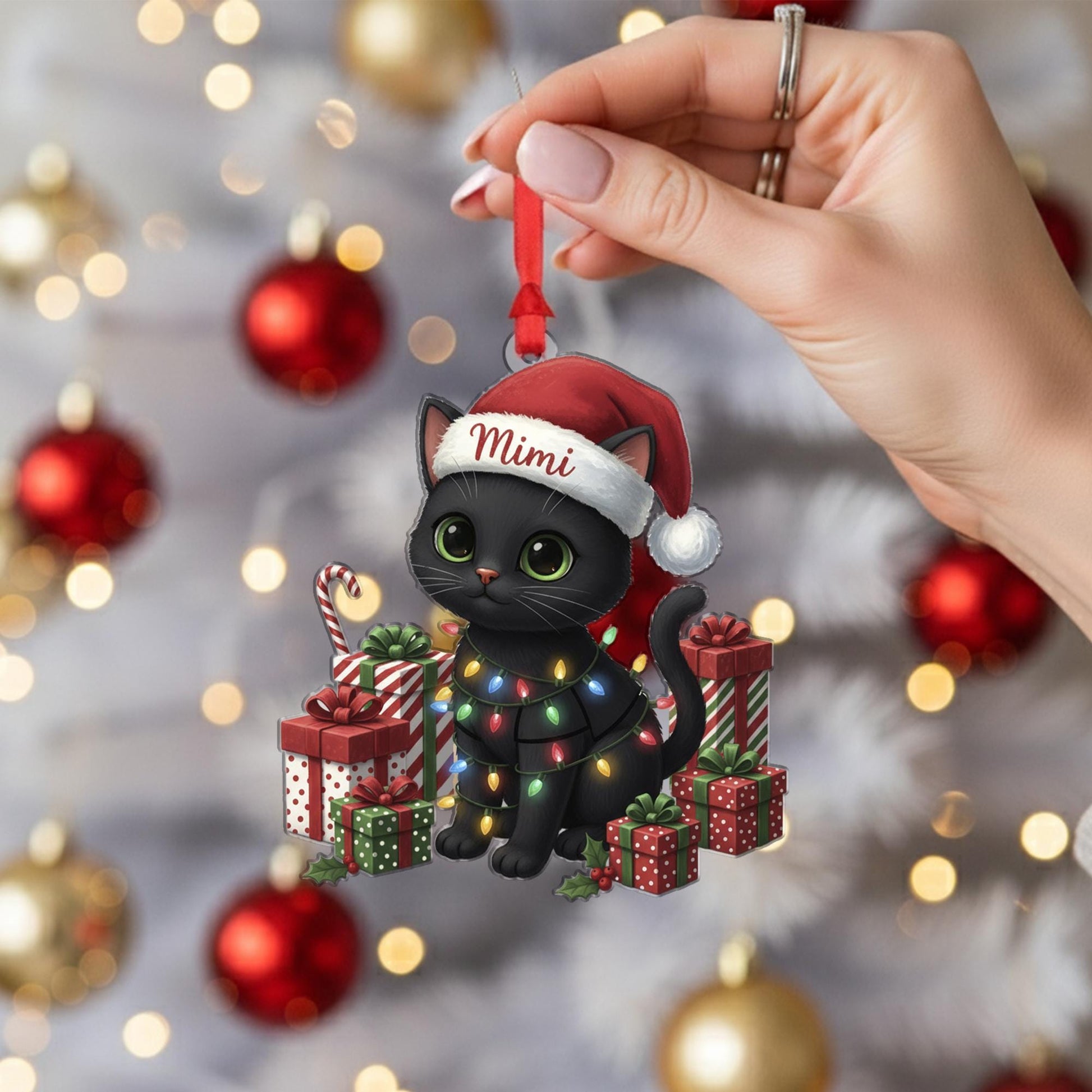 Personalized Black Cat Christmas Ornament – Cat with Lights & Gifts