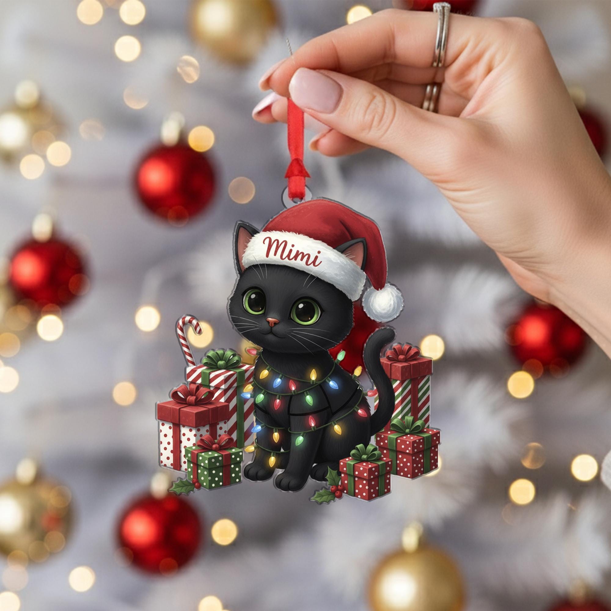 Personalized Black Cat Christmas Ornament – Cat with Lights & Gifts