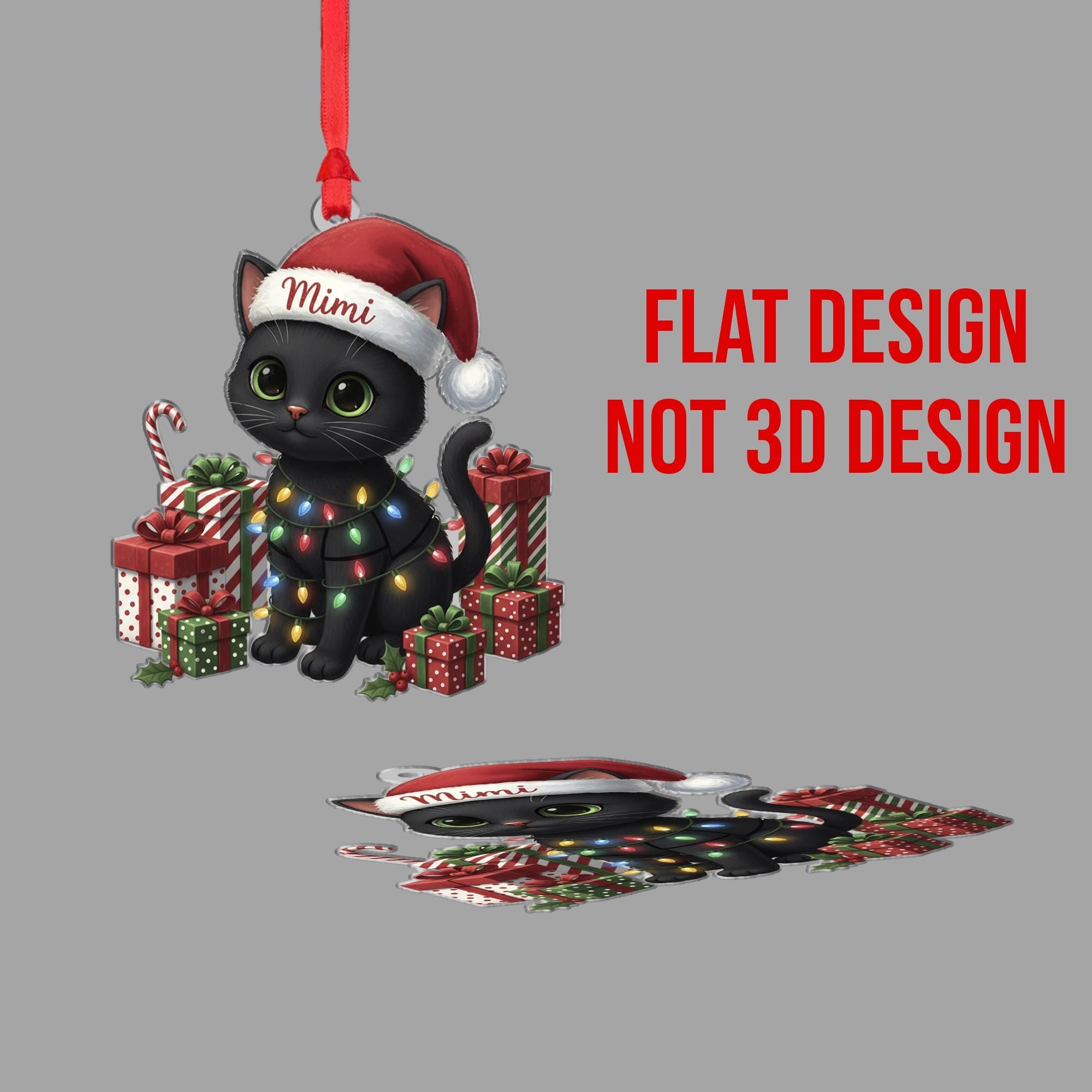 Personalized Black Cat Christmas Ornament – Cat with Lights & Gifts