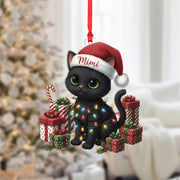 Personalized Black Cat Christmas Ornament – Cat with Lights & Gifts