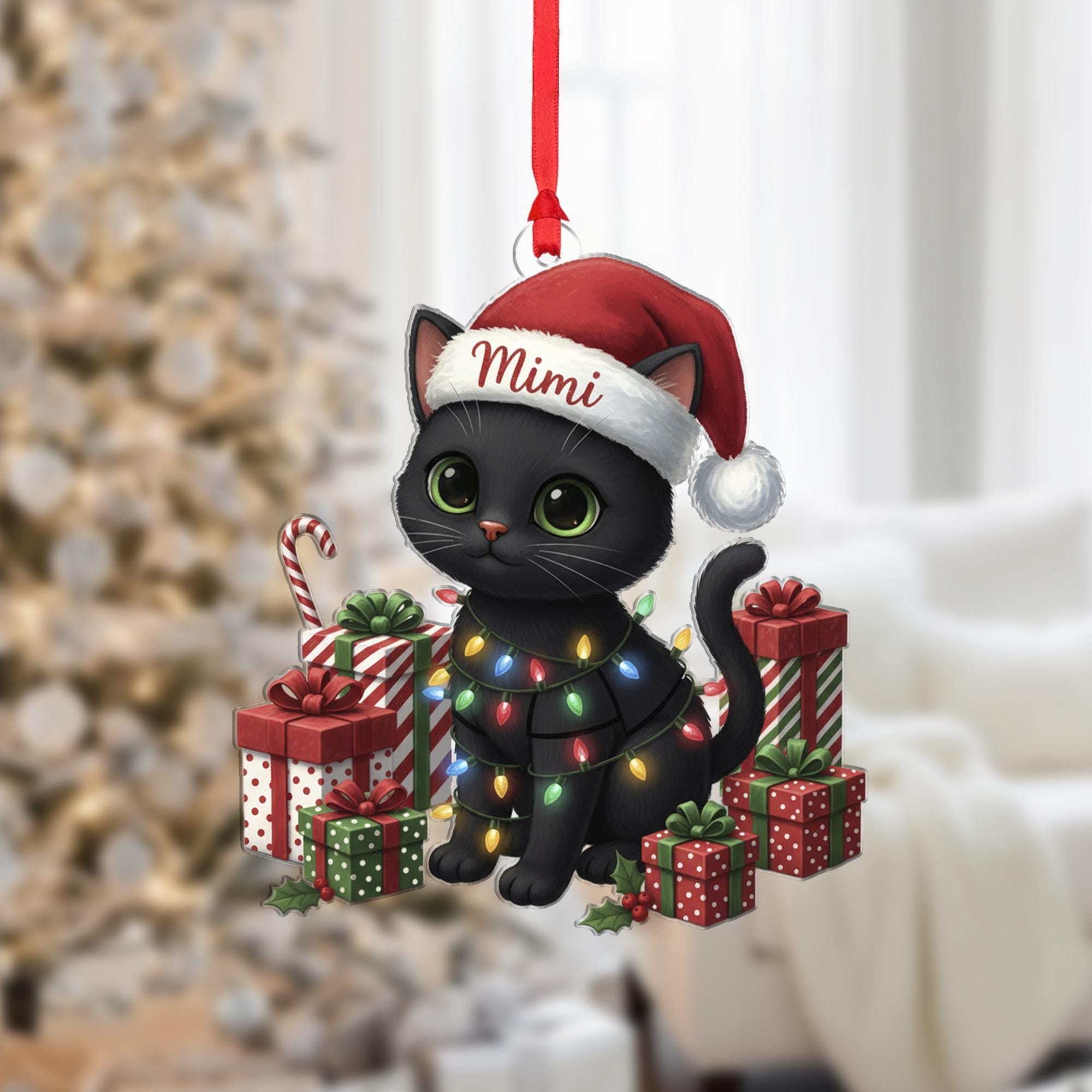 Personalized Black Cat Christmas Ornament – Cat with Lights & Gifts