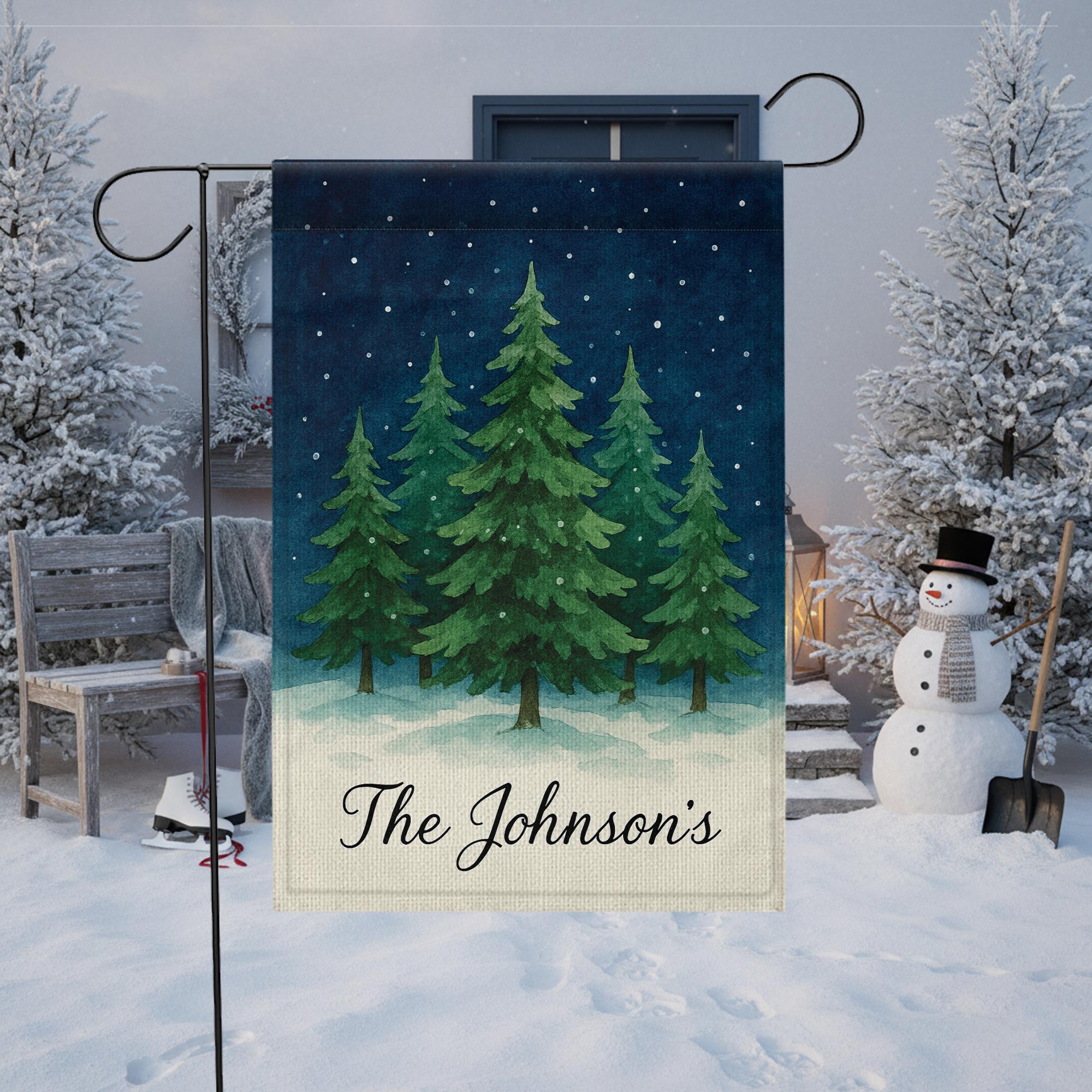 Personalized Winter Tree Garden Flag: Custom Name Christmas Yard Flag