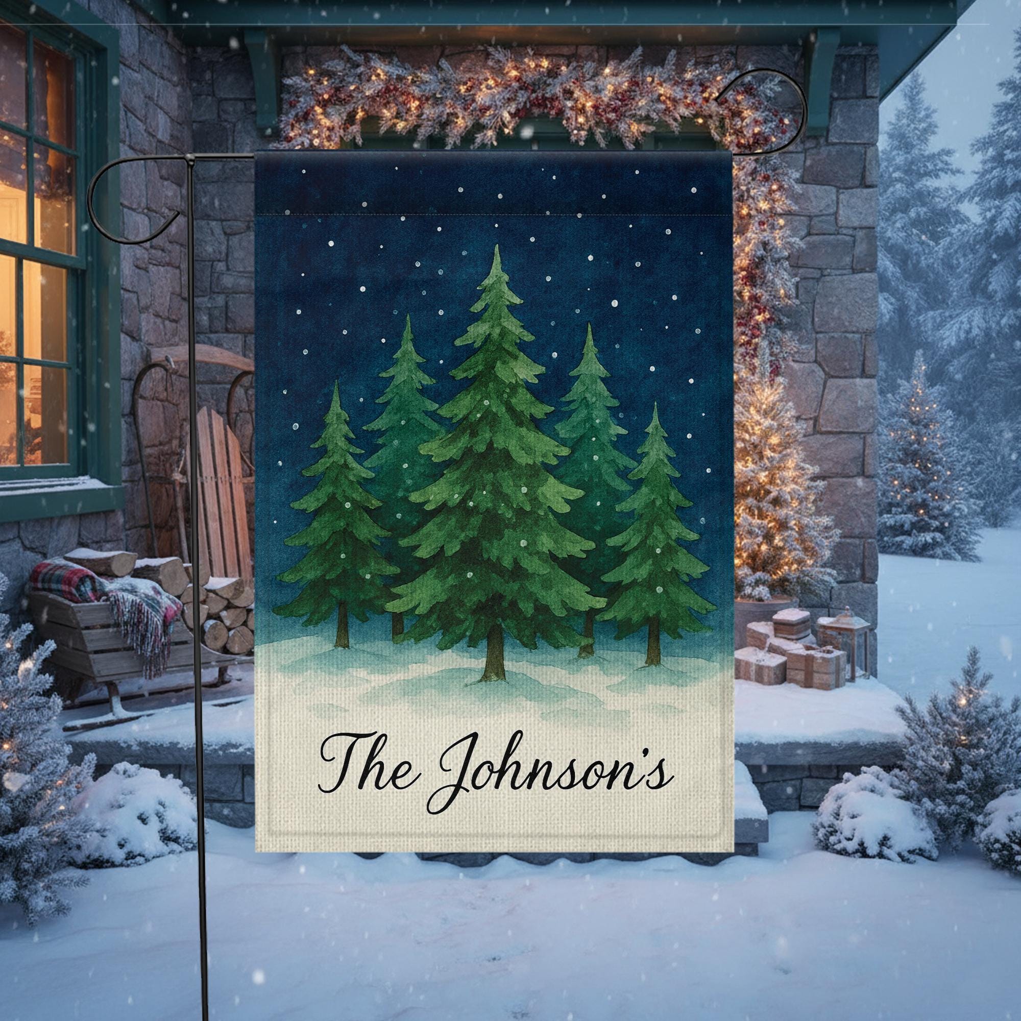 Personalized Winter Tree Garden Flag: Custom Name Christmas Yard Flag