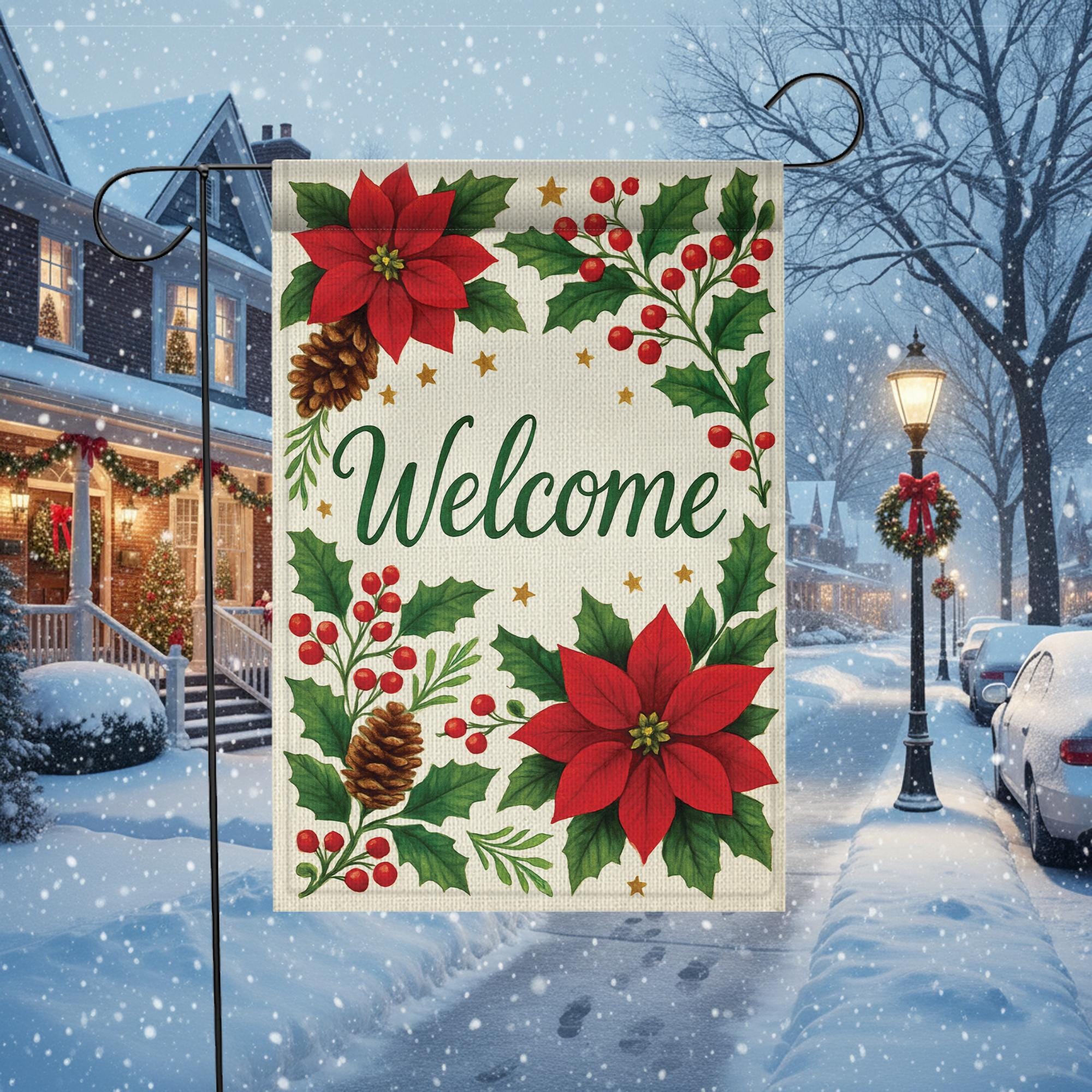 Poinsettia Welcome Garden Flag: Christmas Yard Decor