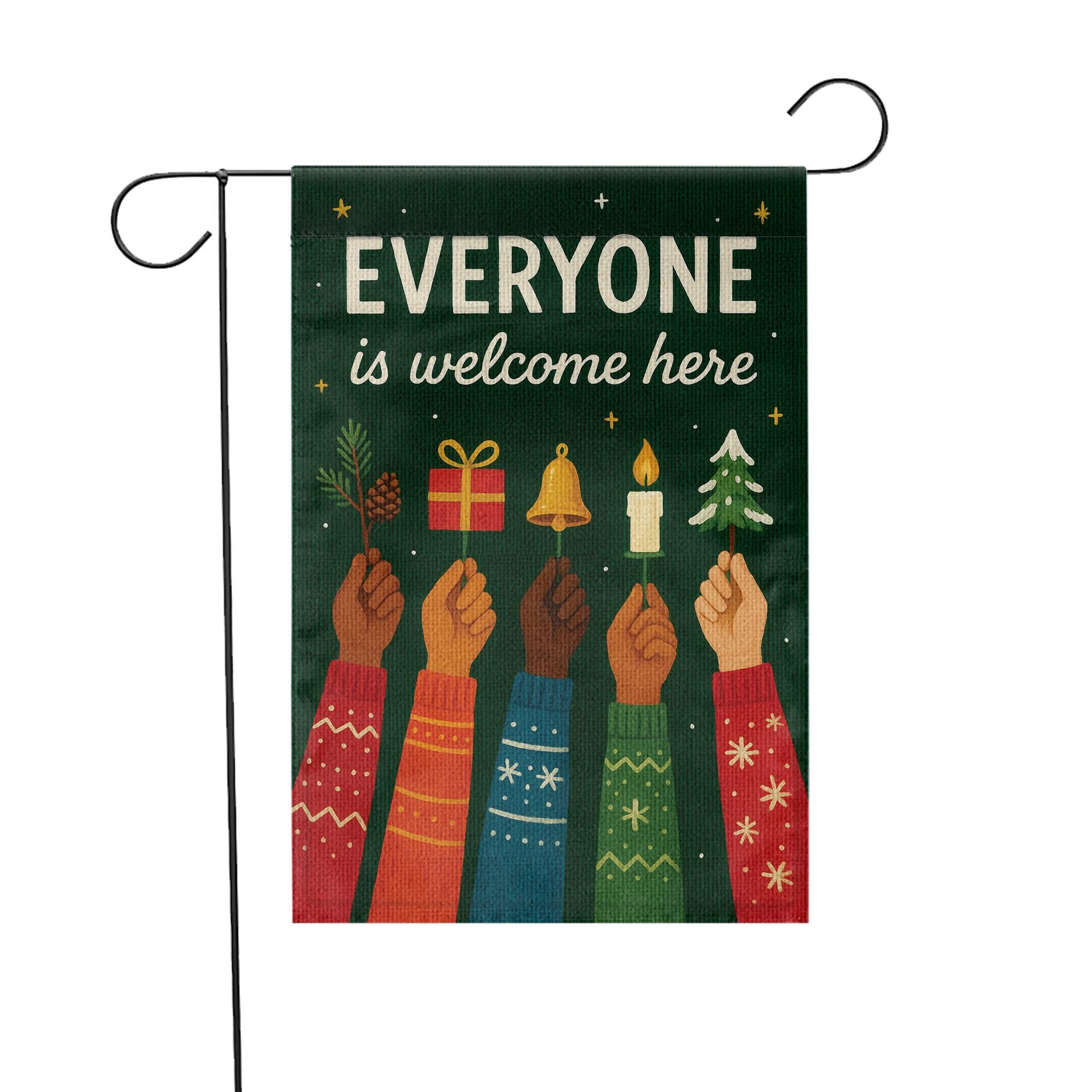 nclusive Holiday Garden Flag “Everyone Is Welcome Here”: Christmas Winter Yard Decor