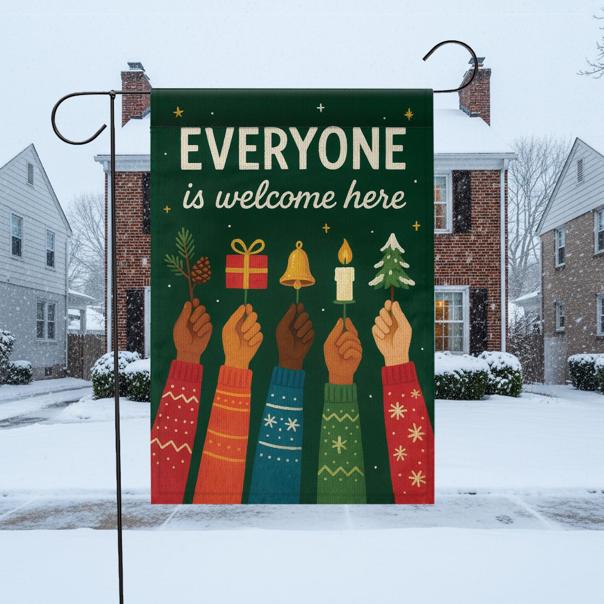 nclusive Holiday Garden Flag “Everyone Is Welcome Here”: Christmas Winter Yard Decor