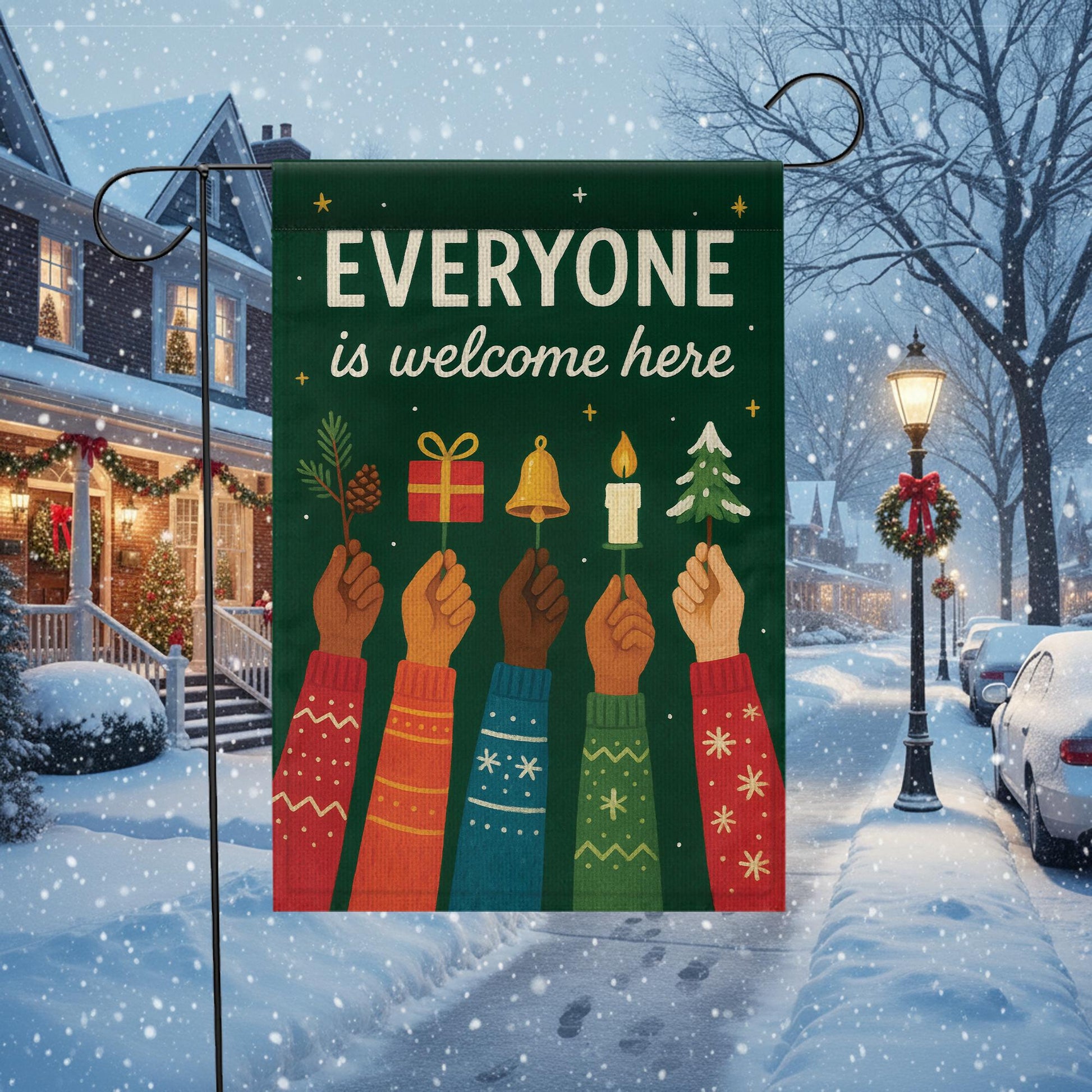 nclusive Holiday Garden Flag “Everyone Is Welcome Here”: Christmas Winter Yard Decor