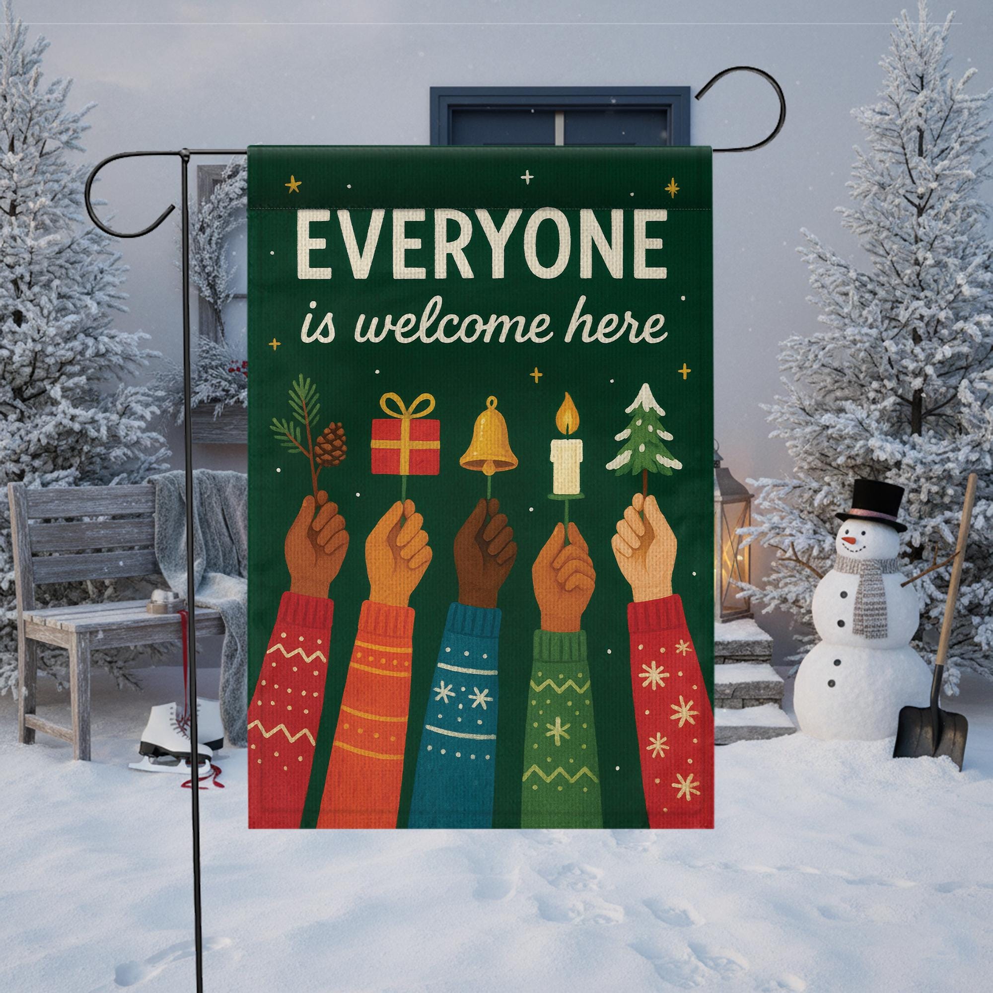nclusive Holiday Garden Flag “Everyone Is Welcome Here”: Christmas Winter Yard Decor