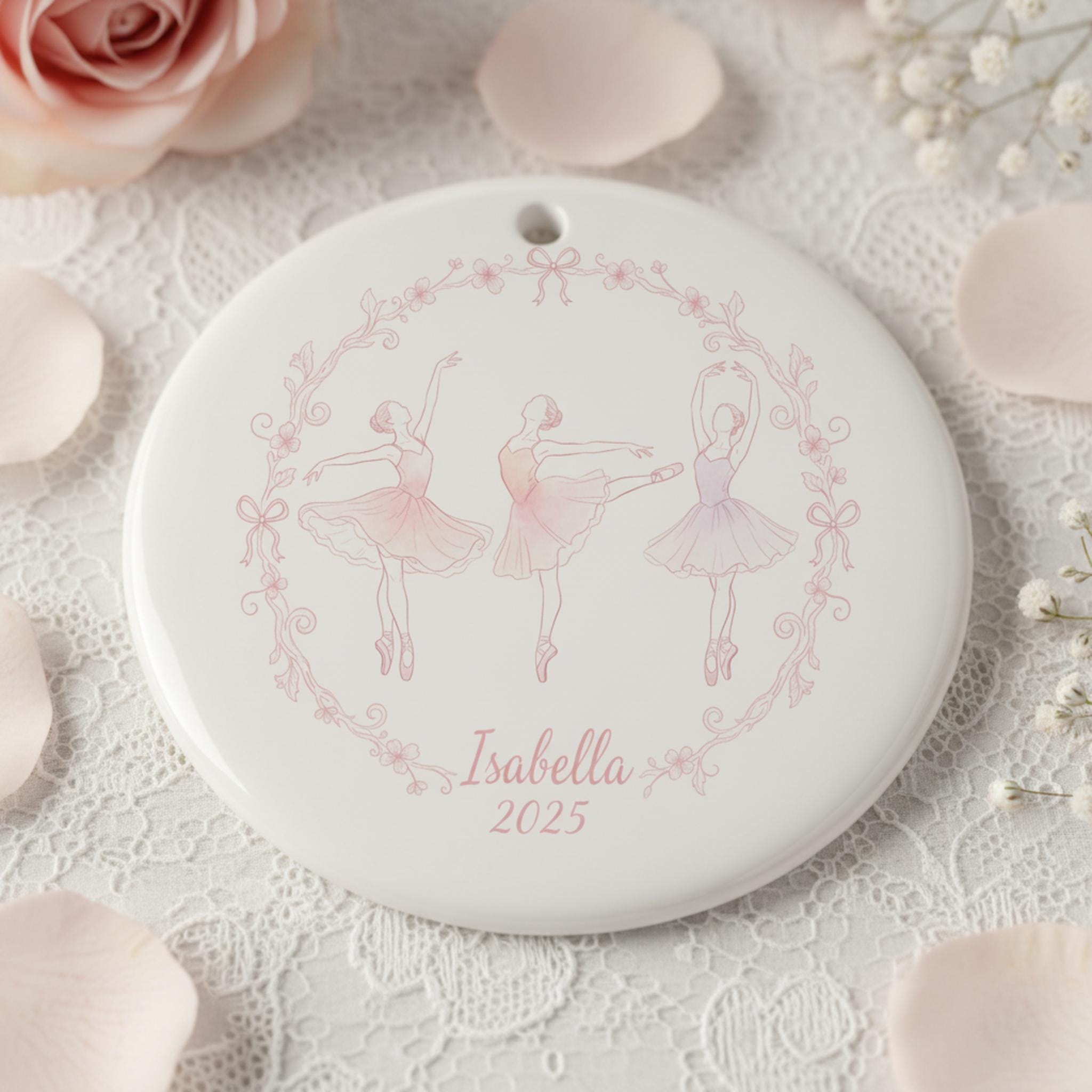 Personalized Ceramic Ornament: Ballet Dancer Illustration Round Flat; Porcelain White, Custom Name, Yearly Date