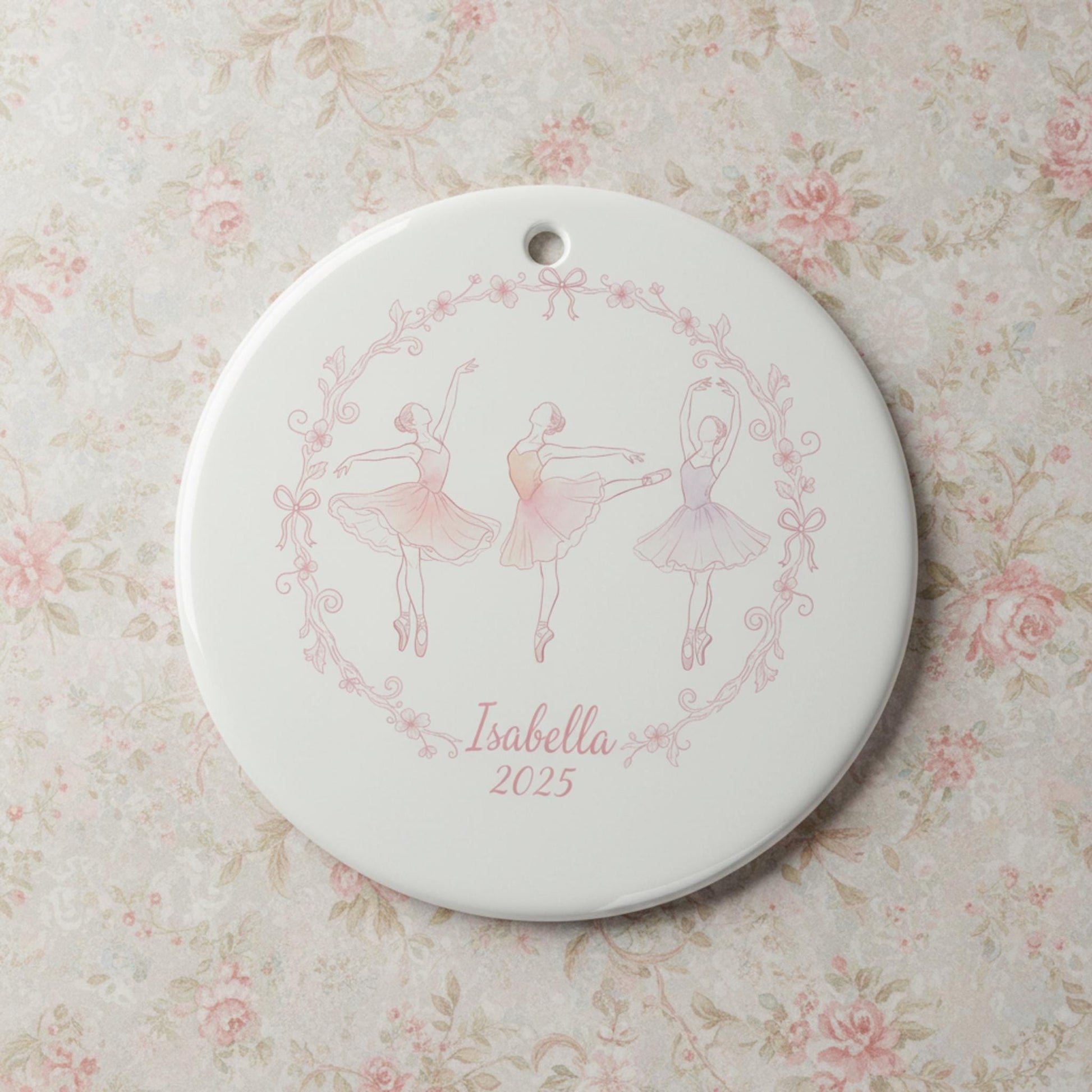 Personalized Ceramic Ornament: Ballet Dancer Illustration Round Flat; Porcelain White, Custom Name, Yearly Date