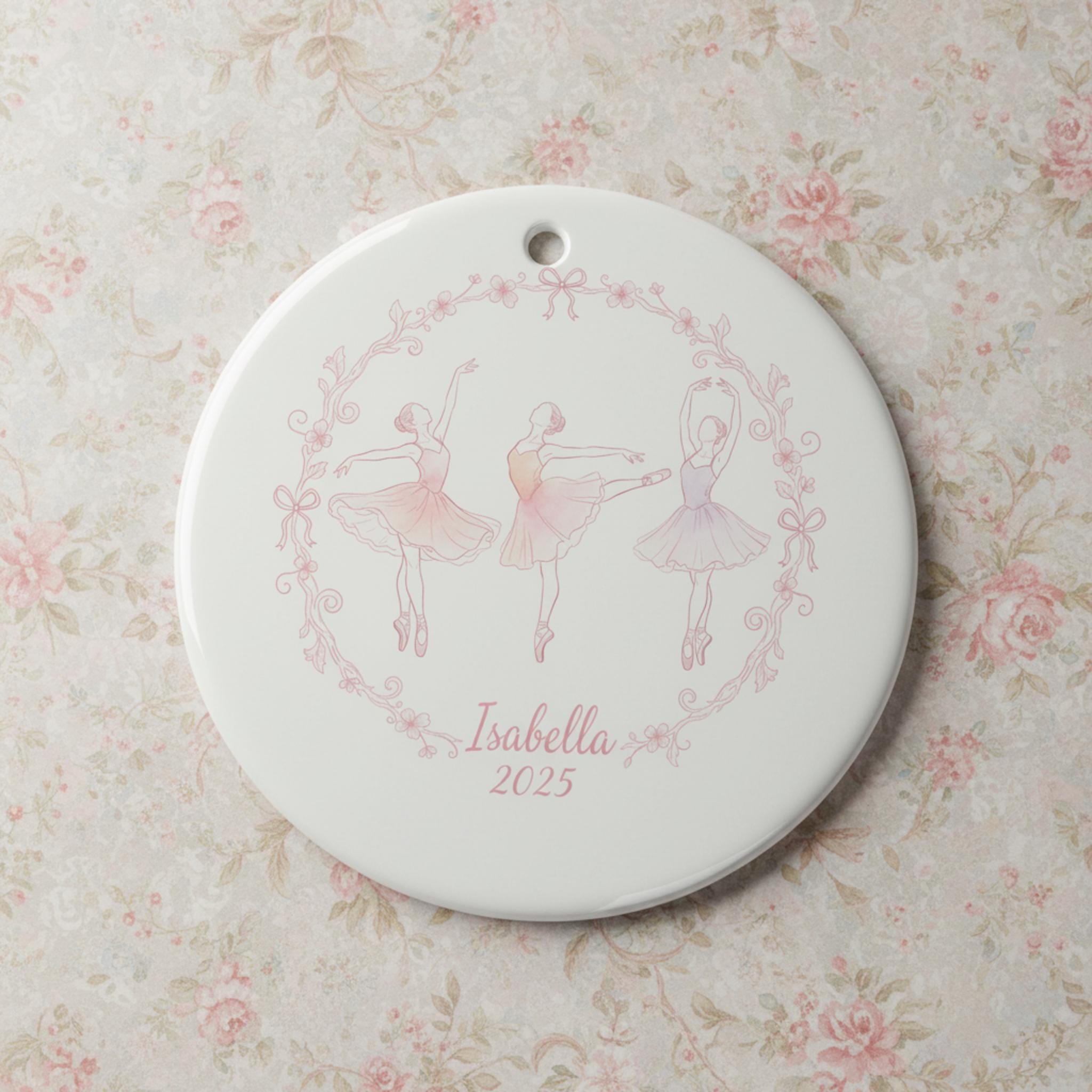 Personalized Ceramic Ornament: Ballet Dancer Illustration Round Flat; Porcelain White, Custom Name, Yearly Date