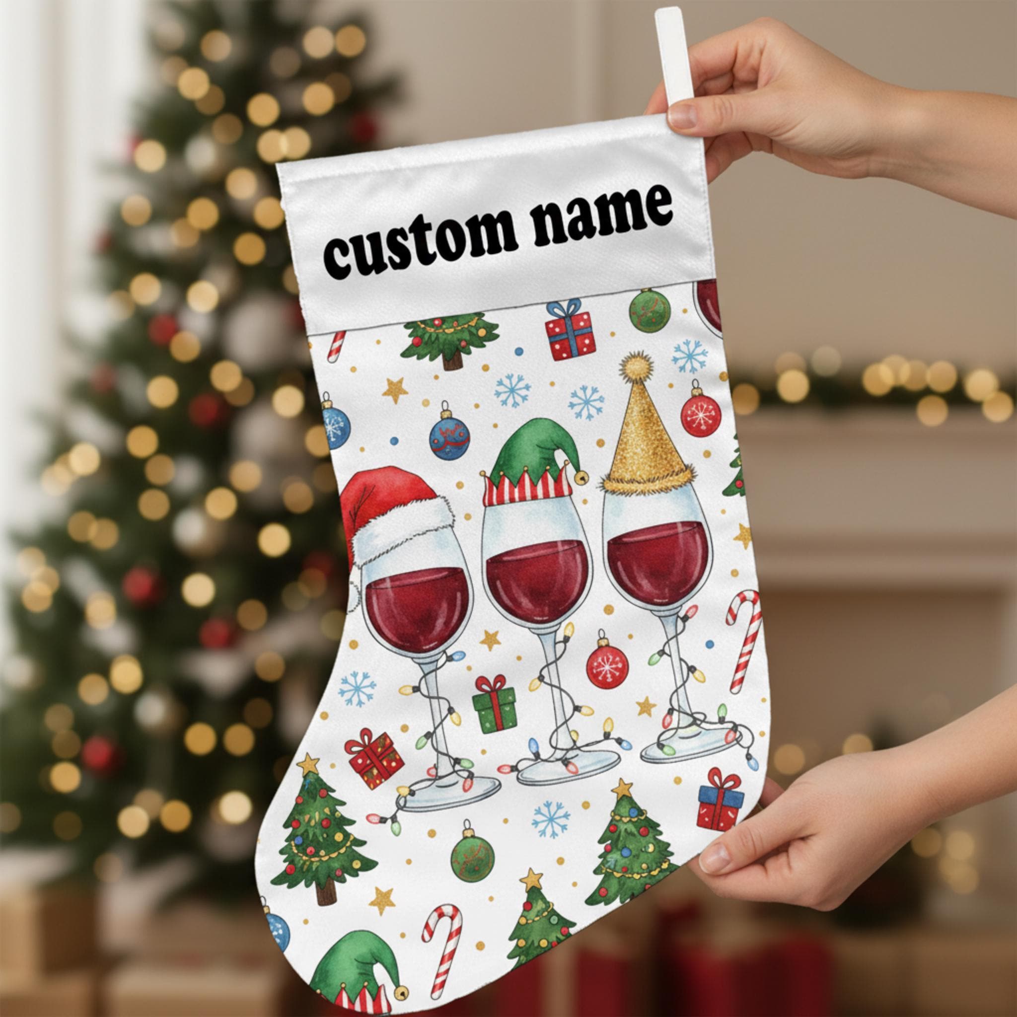 Personalized Fabric Stocking: Wine Glass Print Holiday Custom Name; White Polyester, Christmas Theme, Seasonal