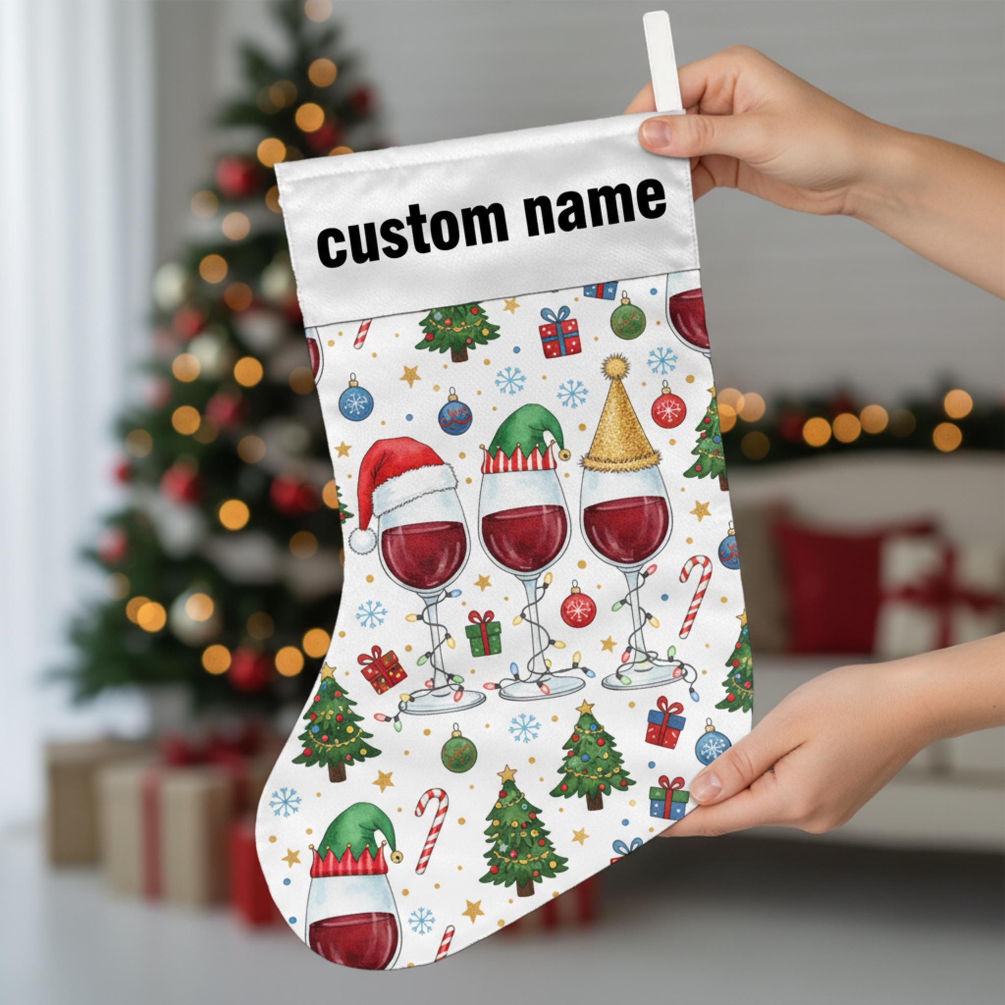 Personalized Fabric Stocking: Wine Glass Print Holiday Custom Name; White Polyester, Christmas Theme, Seasonal