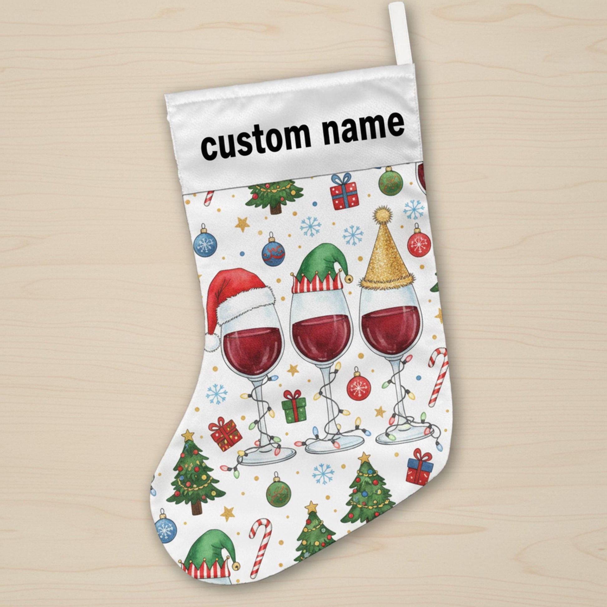 Personalized Fabric Stocking: Wine Glass Print Holiday Custom Name; White Polyester, Christmas Theme, Seasonal