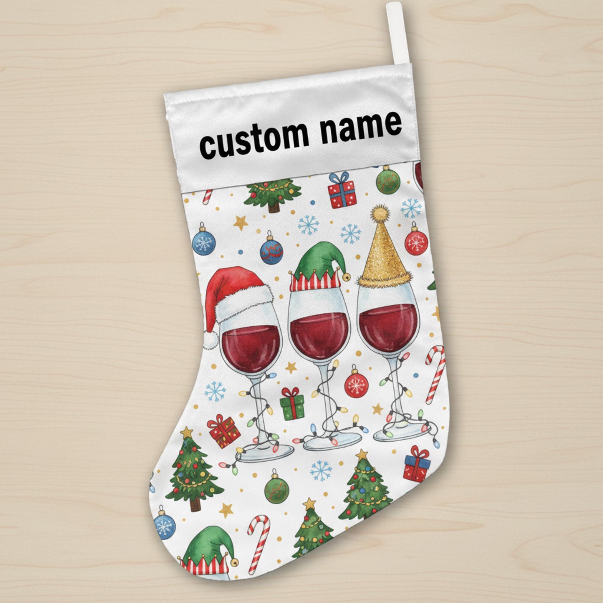 Personalized Fabric Stocking: Wine Glass Print Holiday Custom Name; White Polyester, Christmas Theme, Seasonal