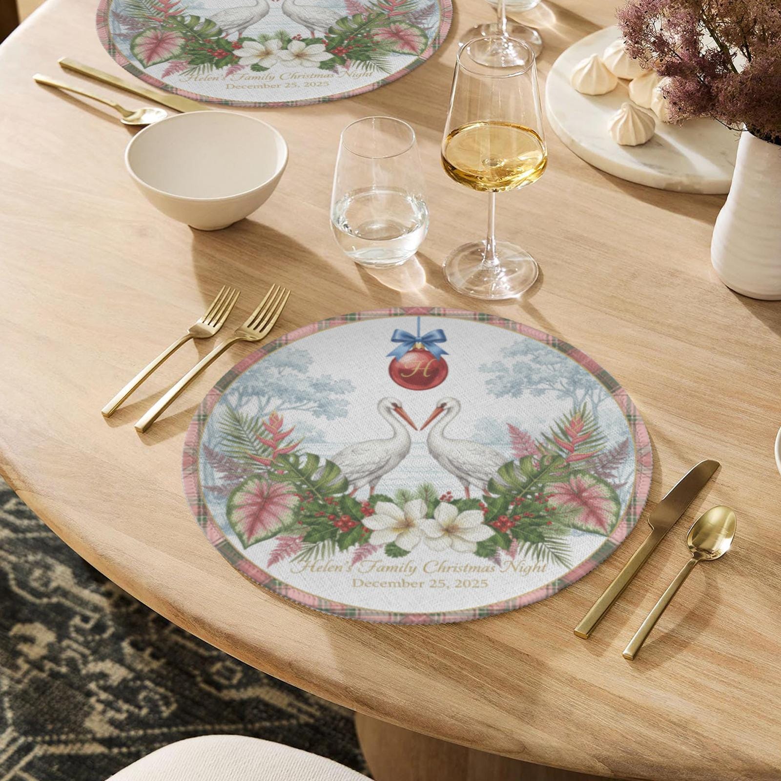 Personalized Christmas Placemat – Custom Family Name Tropical Bird Round Table Decor