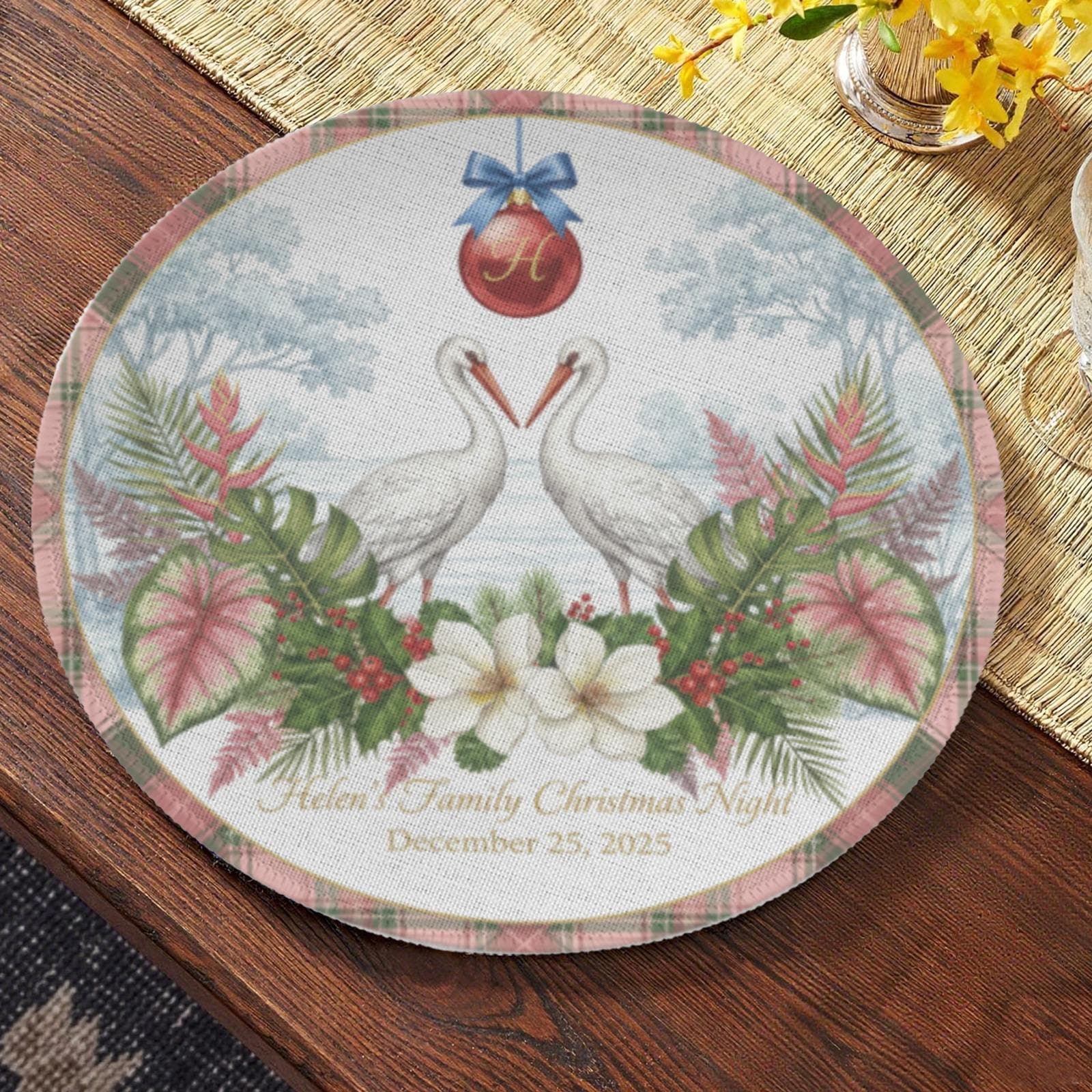 Personalized Christmas Placemat – Custom Family Name Tropical Bird Round Table Decor