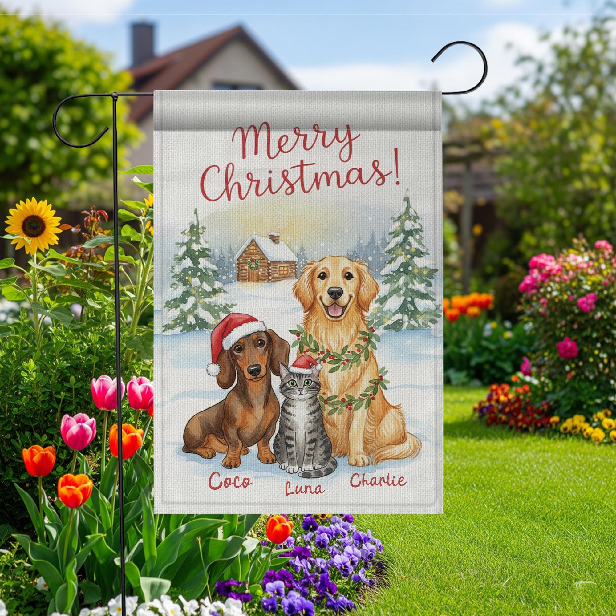 Personalized Pet Christmas Garden Flag – Custom Dog and Cat Holiday Yard Decor