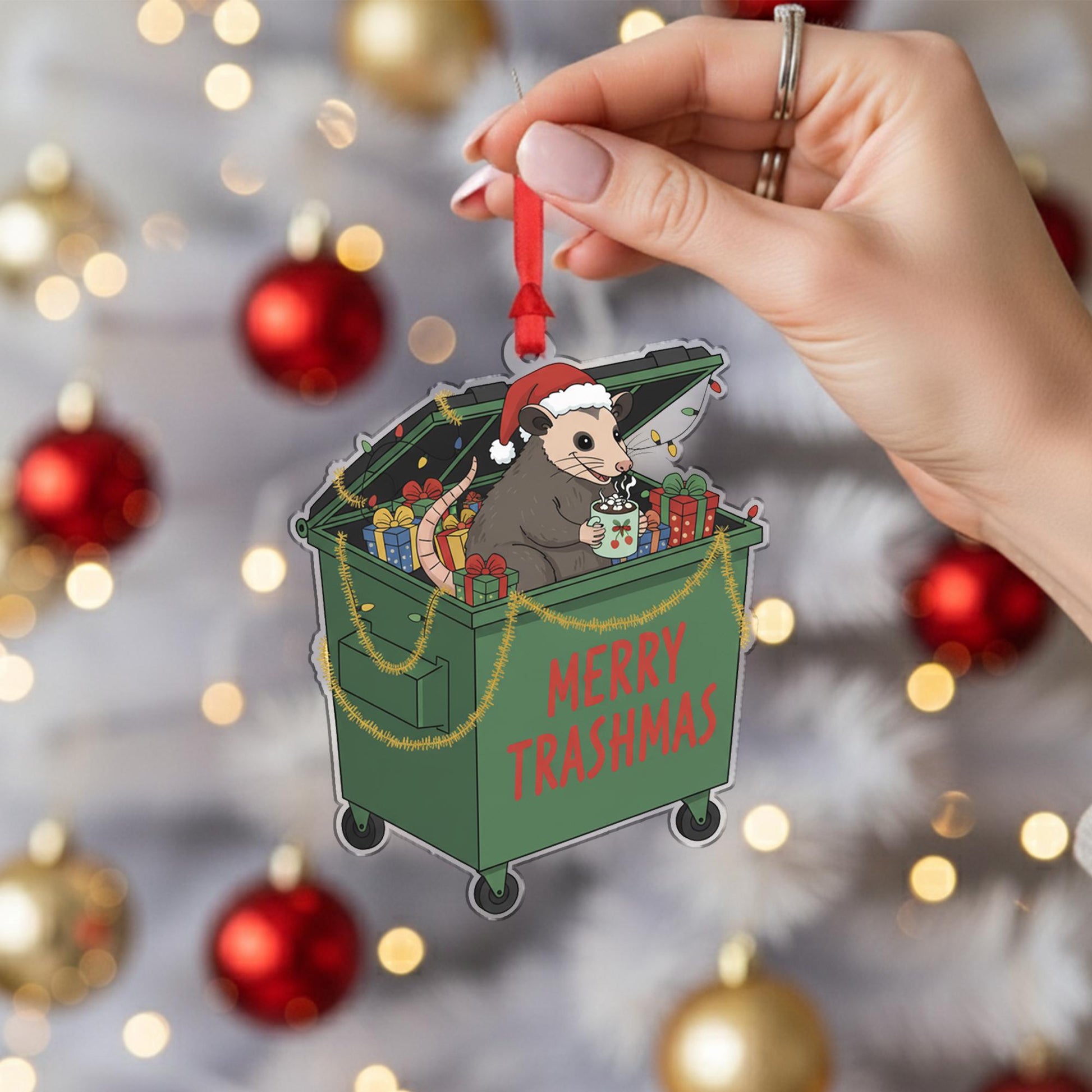 Possum Christmas Ornament – Dumpster Design with Santa Hat and Gifts