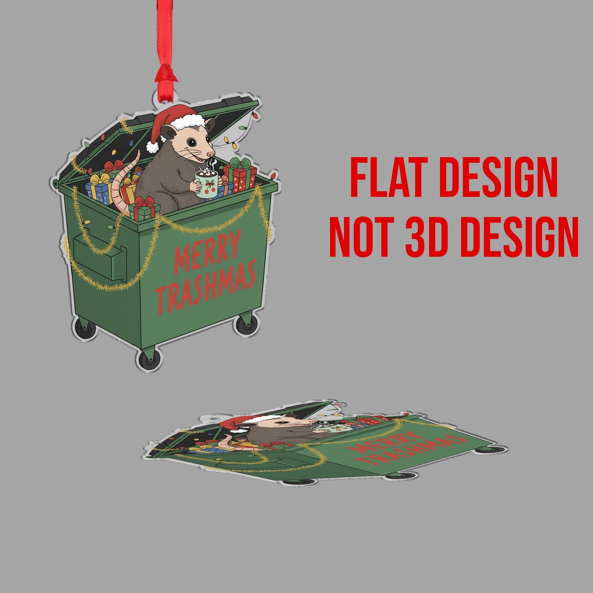 Possum Christmas Ornament – Dumpster Design with Santa Hat and Gifts