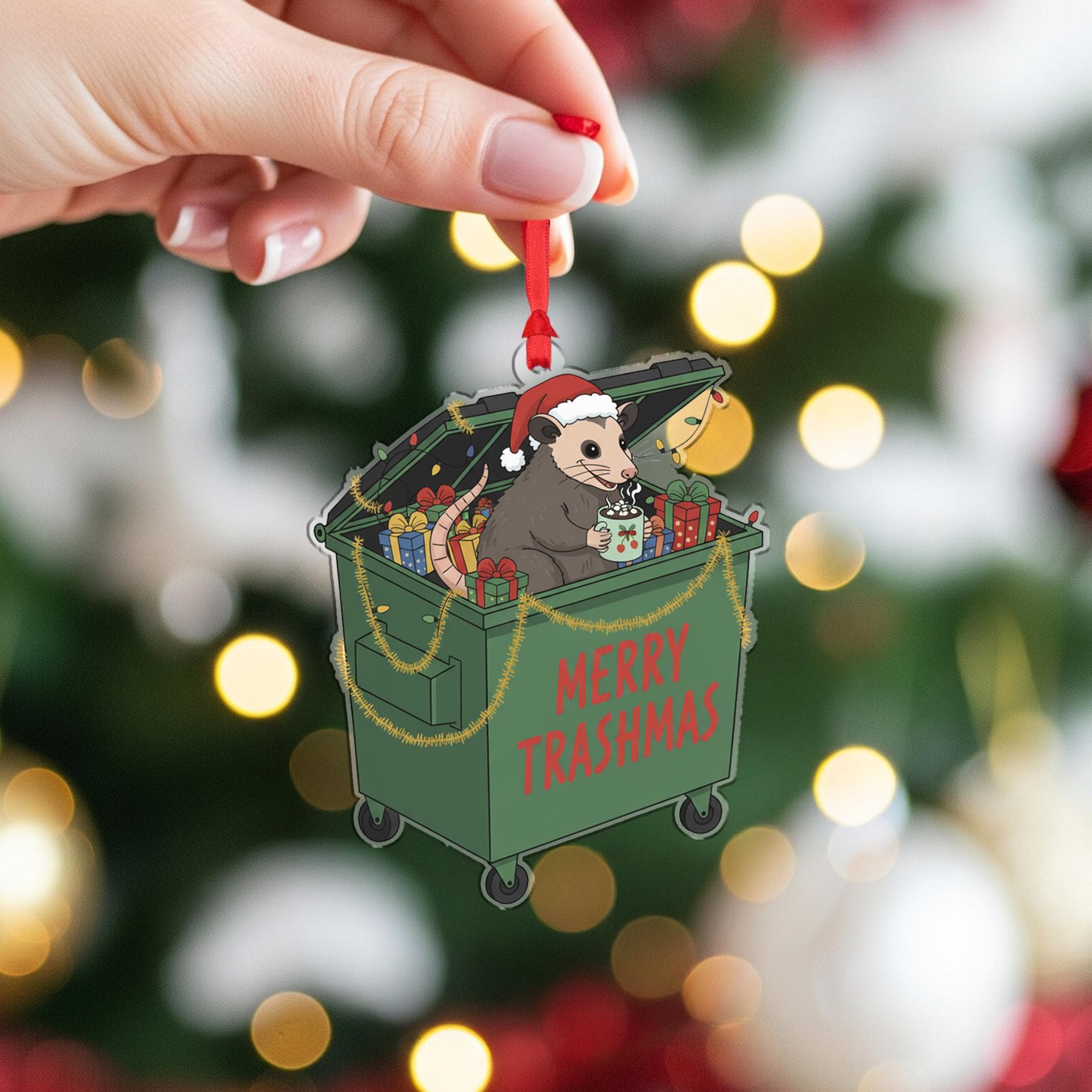 Possum Christmas Ornament – Dumpster Design with Santa Hat and Gifts