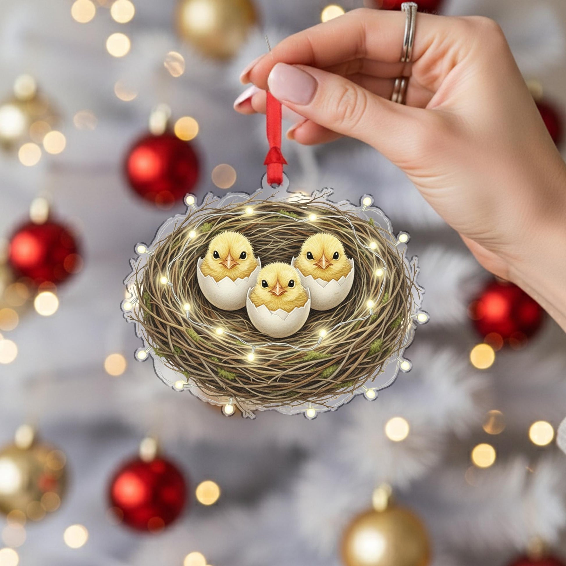 Bird Nest Christmas Ornament – Chicks in Eggshell Design with Holiday Lights