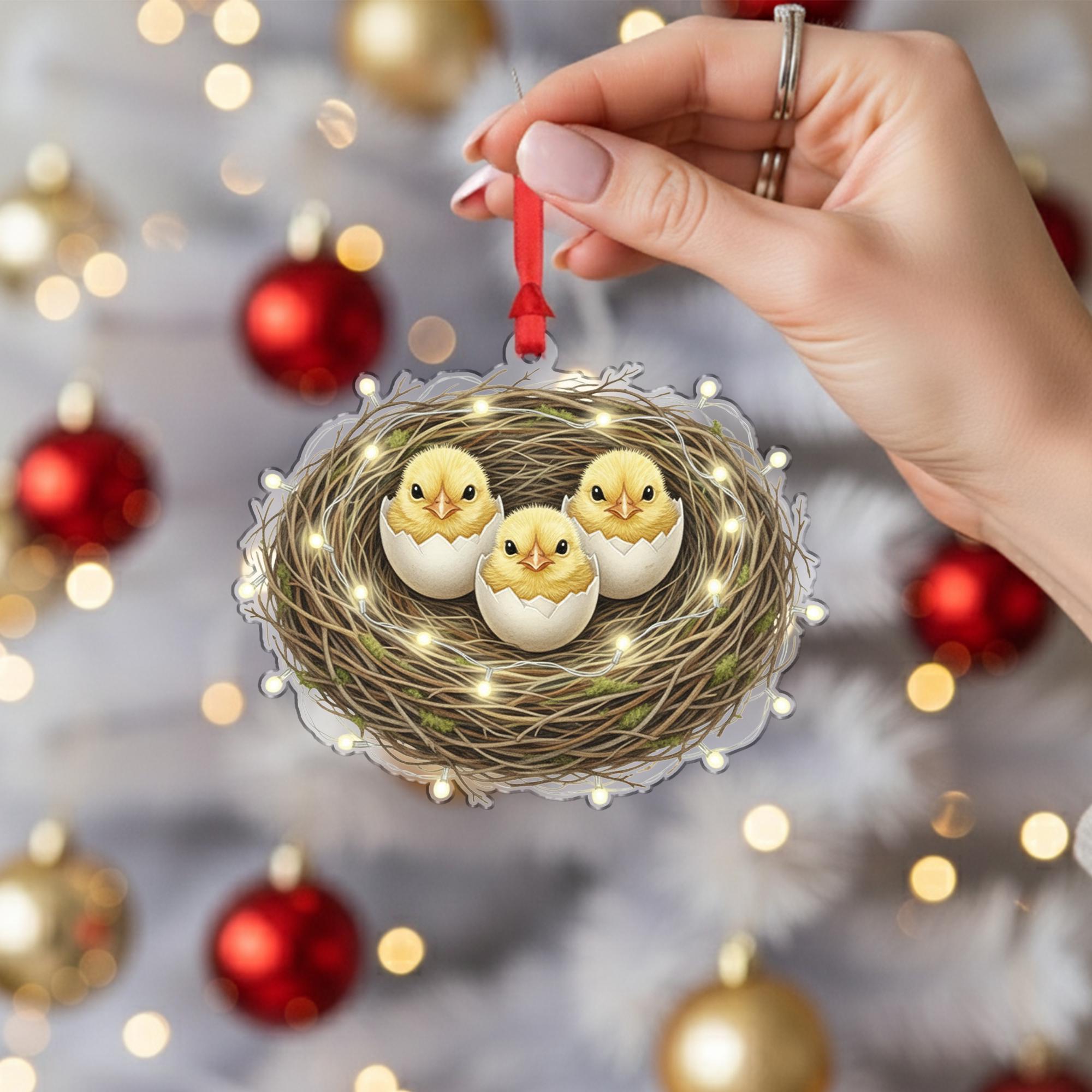 Bird Nest Christmas Ornament – Chicks in Eggshell Design with Holiday Lights