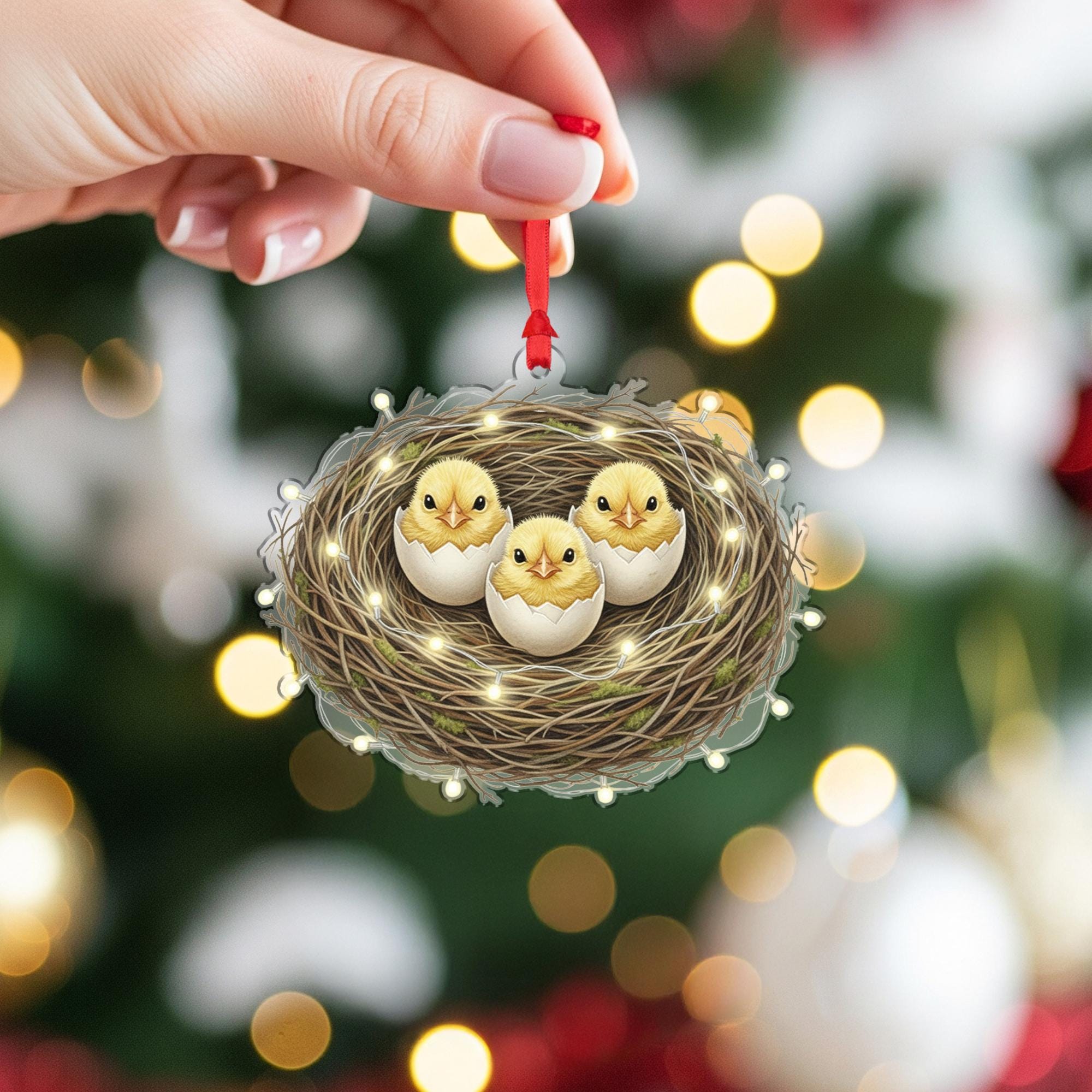 Bird Nest Christmas Ornament – Chicks in Eggshell Design with Holiday Lights