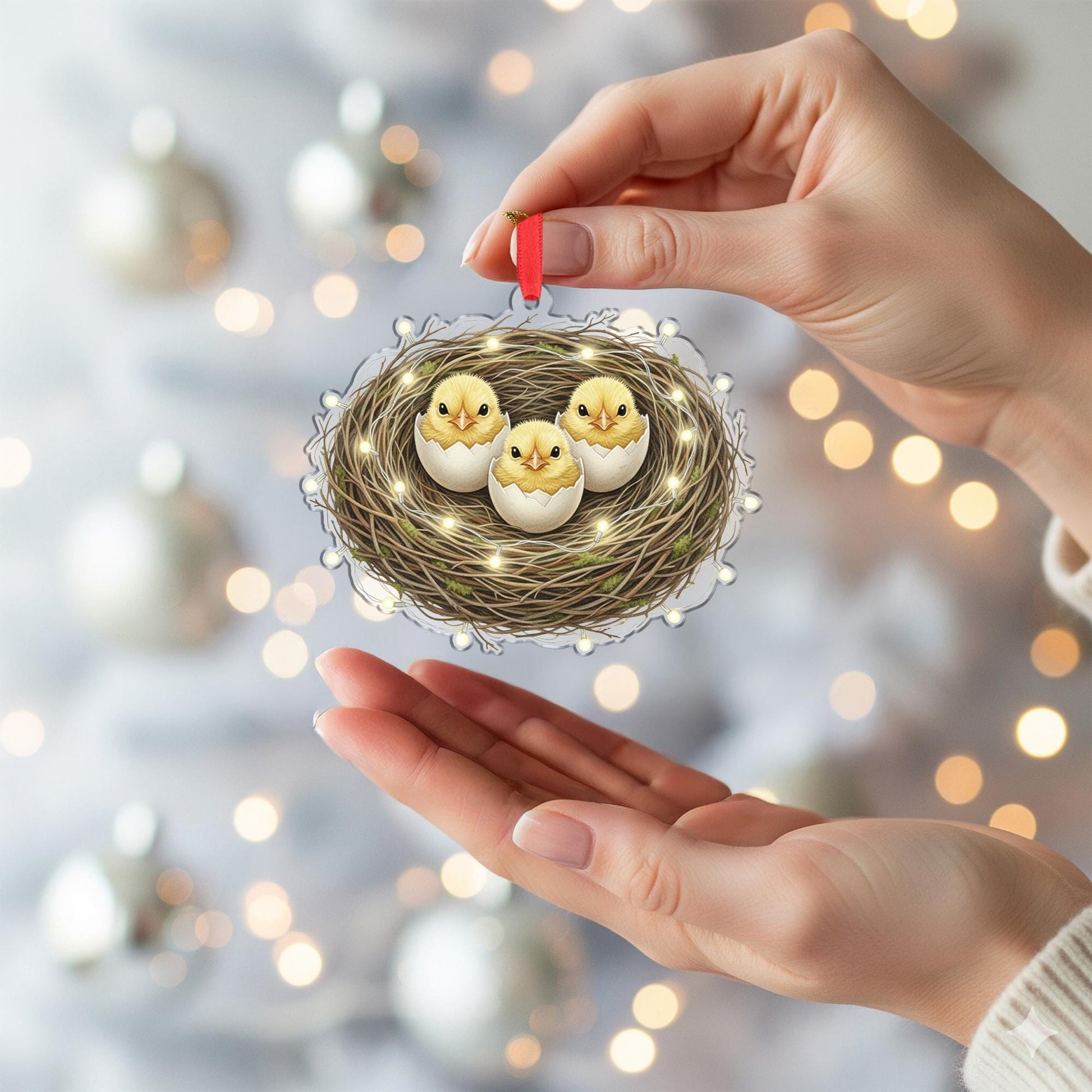 Bird Nest Christmas Ornament – Chicks in Eggshell Design with Holiday Lights