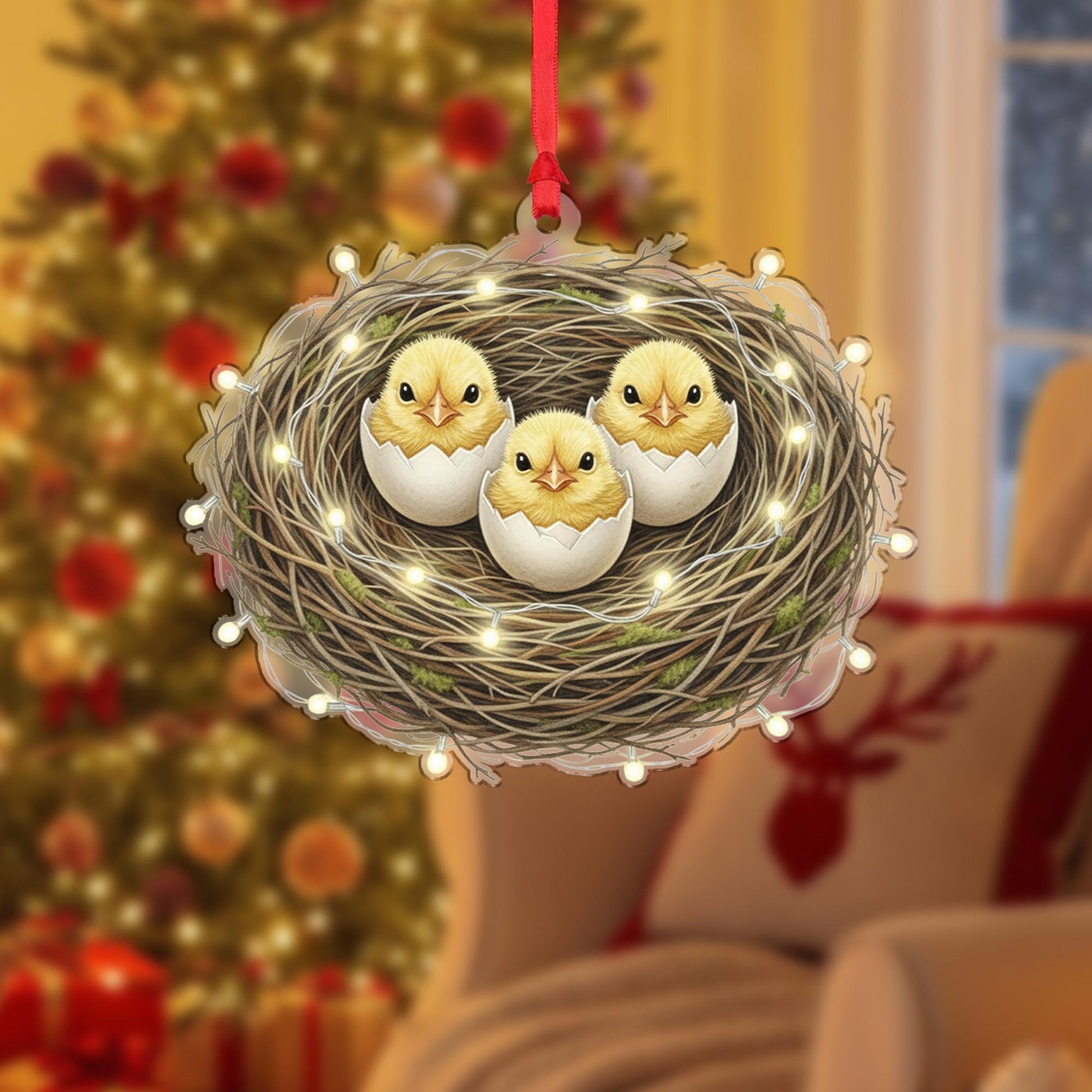 Bird Nest Christmas Ornament – Chicks in Eggshell Design with Holiday Lights