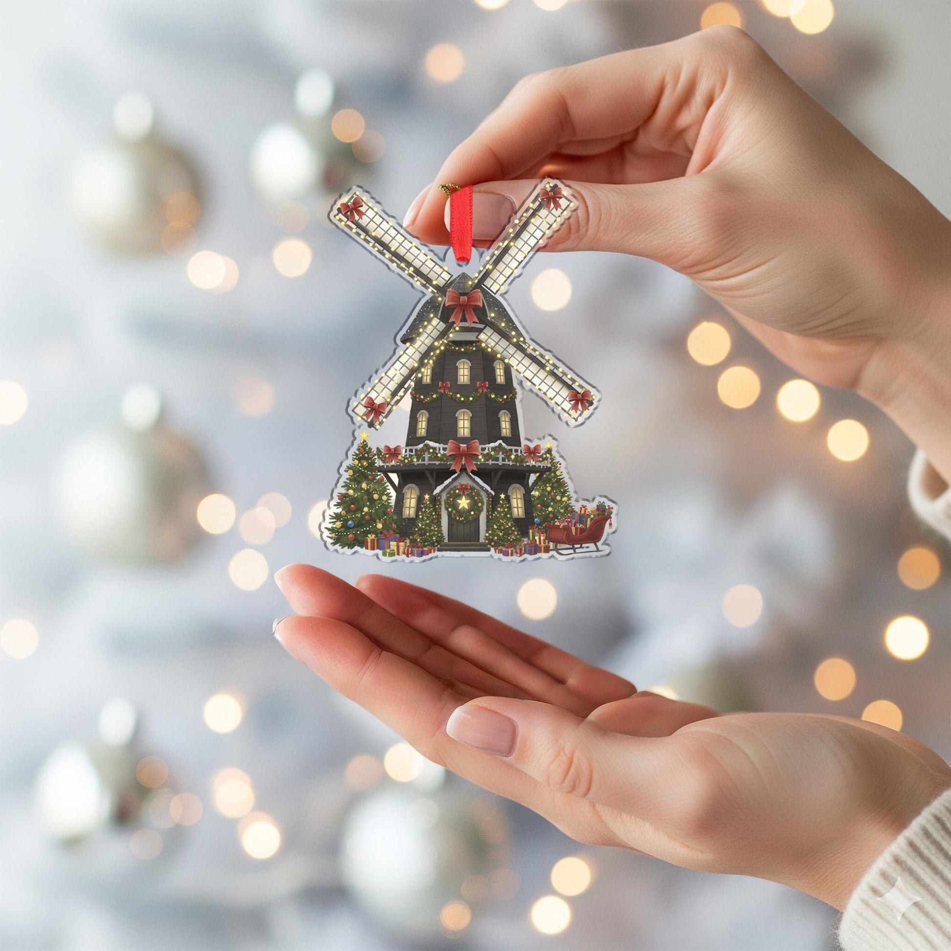 Windmill Christmas Ornament – Holiday House Design with Lights and Trees
