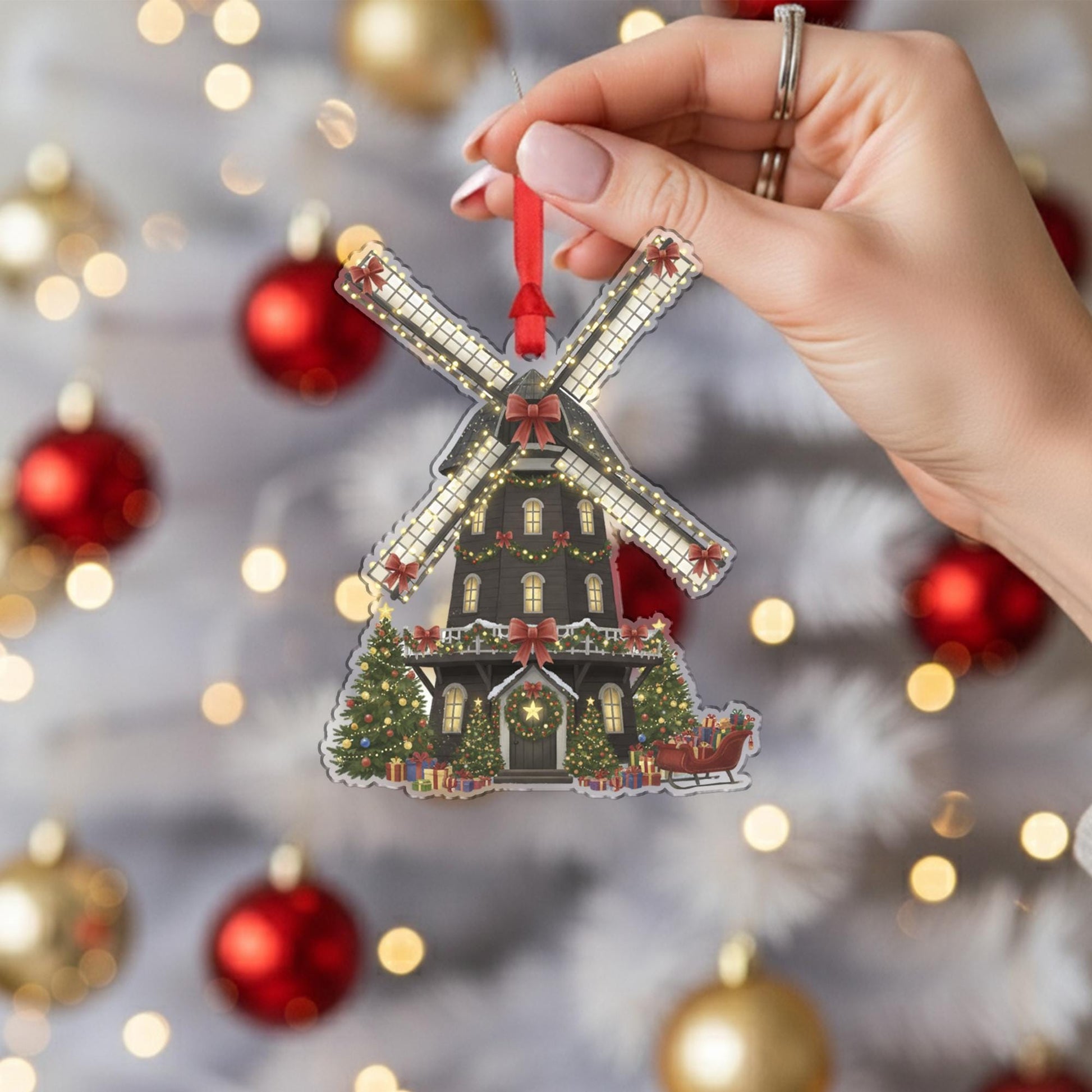 Windmill Christmas Ornament – Holiday House Design with Lights and Trees