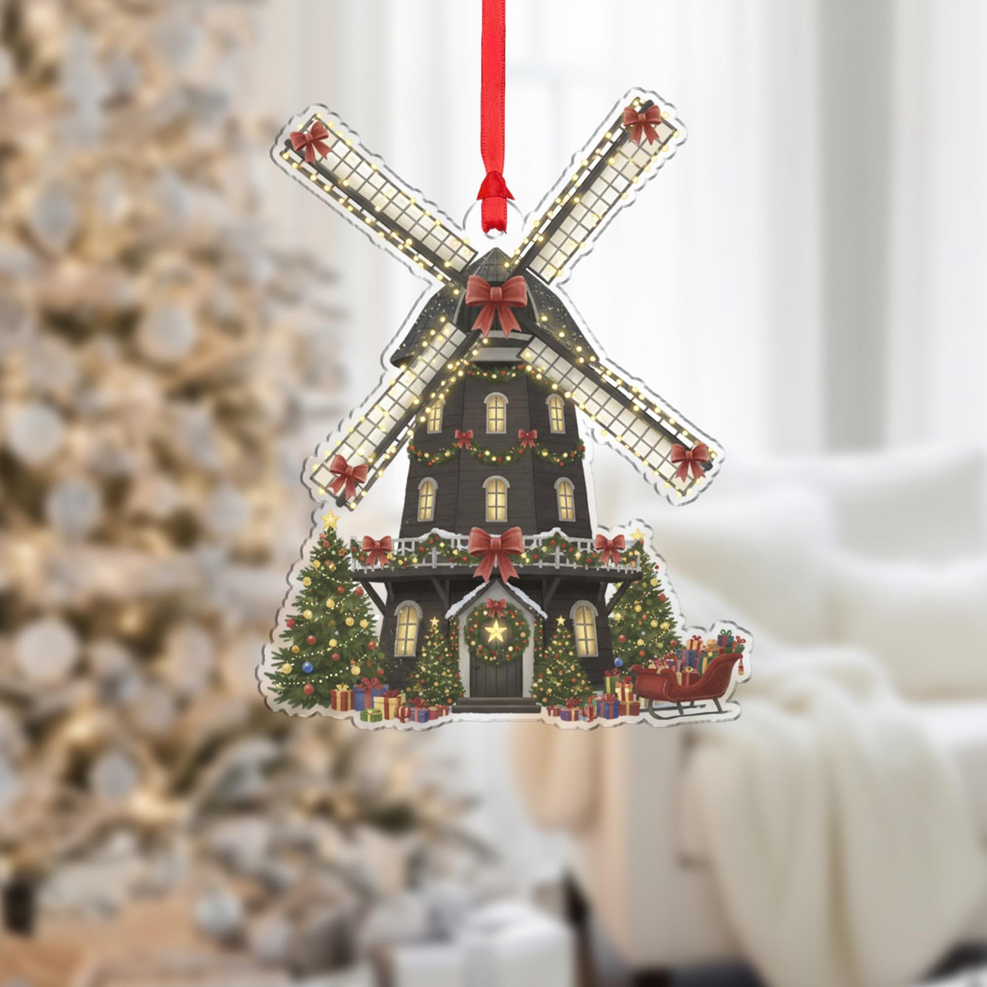 Windmill Christmas Ornament – Holiday House Design with Lights and Trees