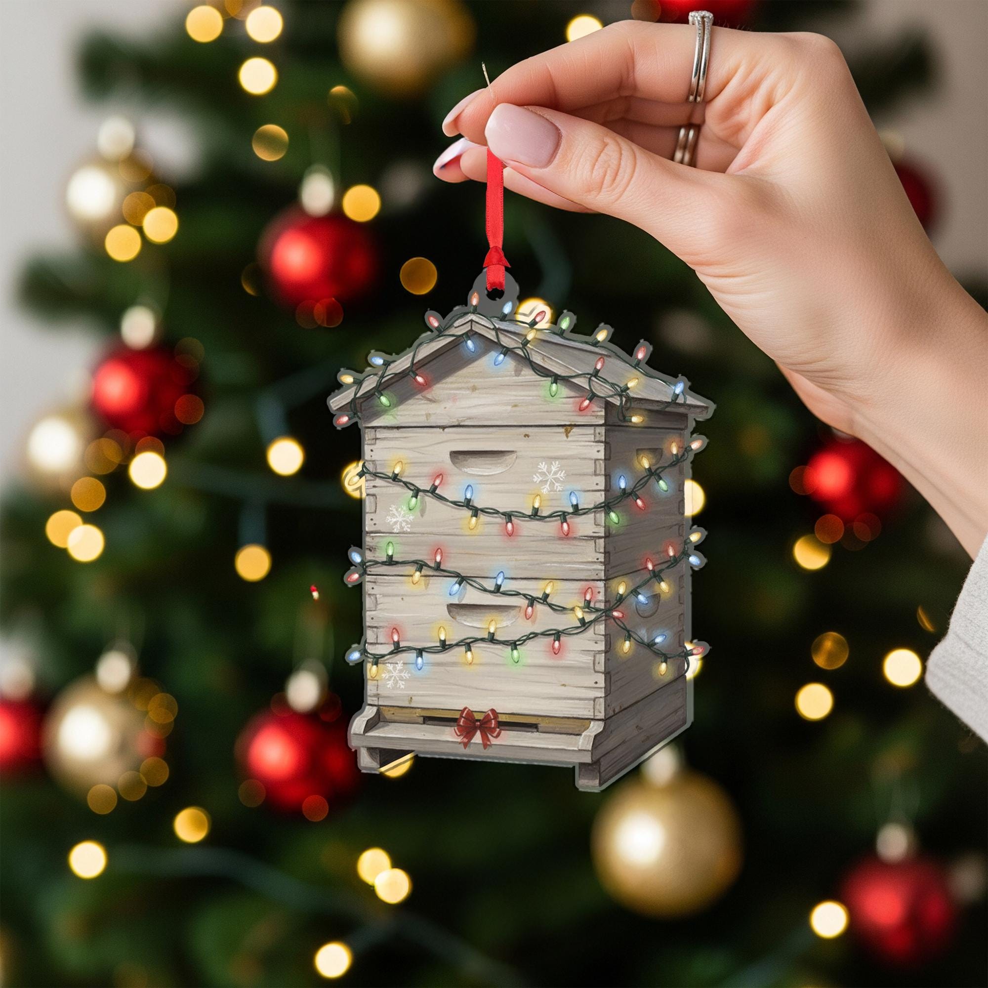 Beehive Christmas Ornament – Wooden Hive Design with Holiday Lights
