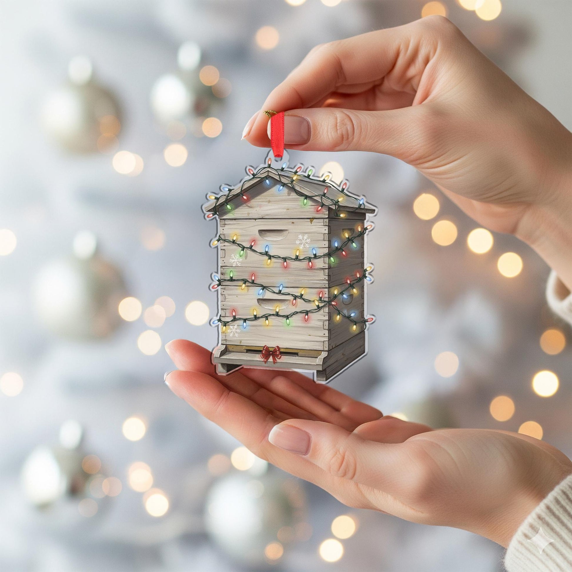 Beehive Christmas Ornament – Wooden Hive Design with Holiday Lights