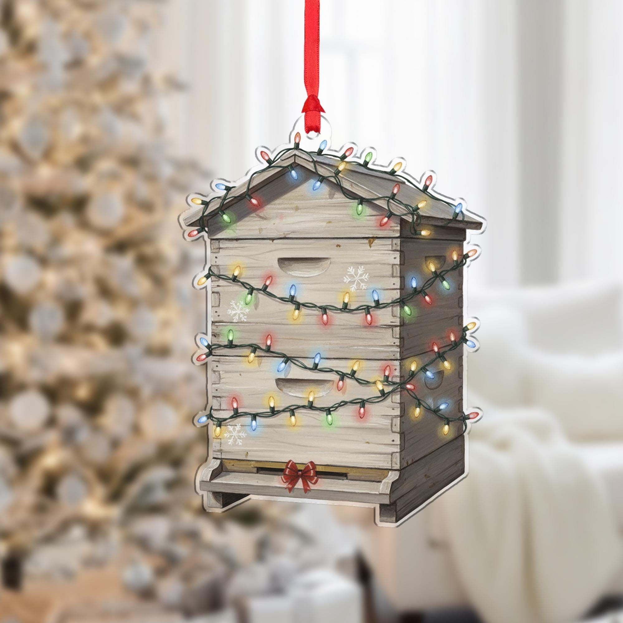 Beehive Christmas Ornament – Wooden Hive Design with Holiday Lights