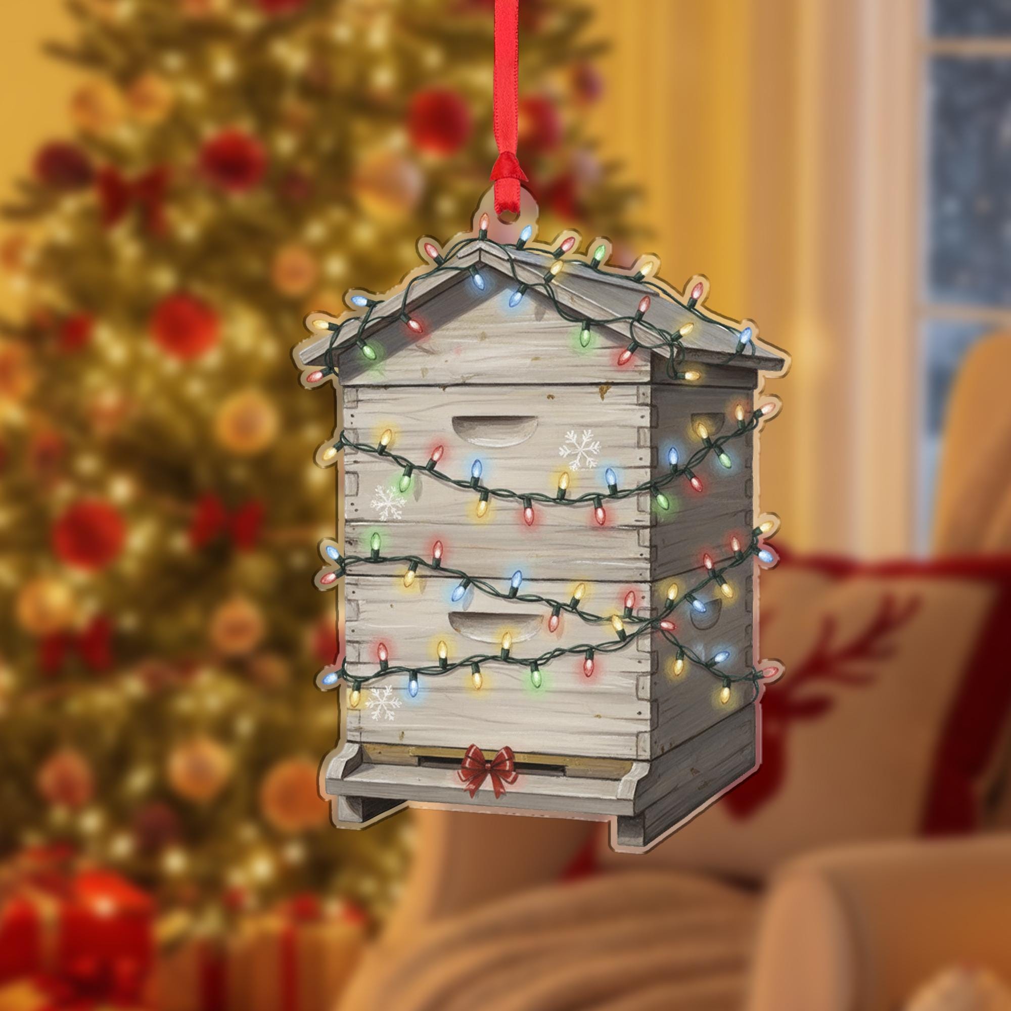 Beehive Christmas Ornament – Wooden Hive Design with Holiday Lights