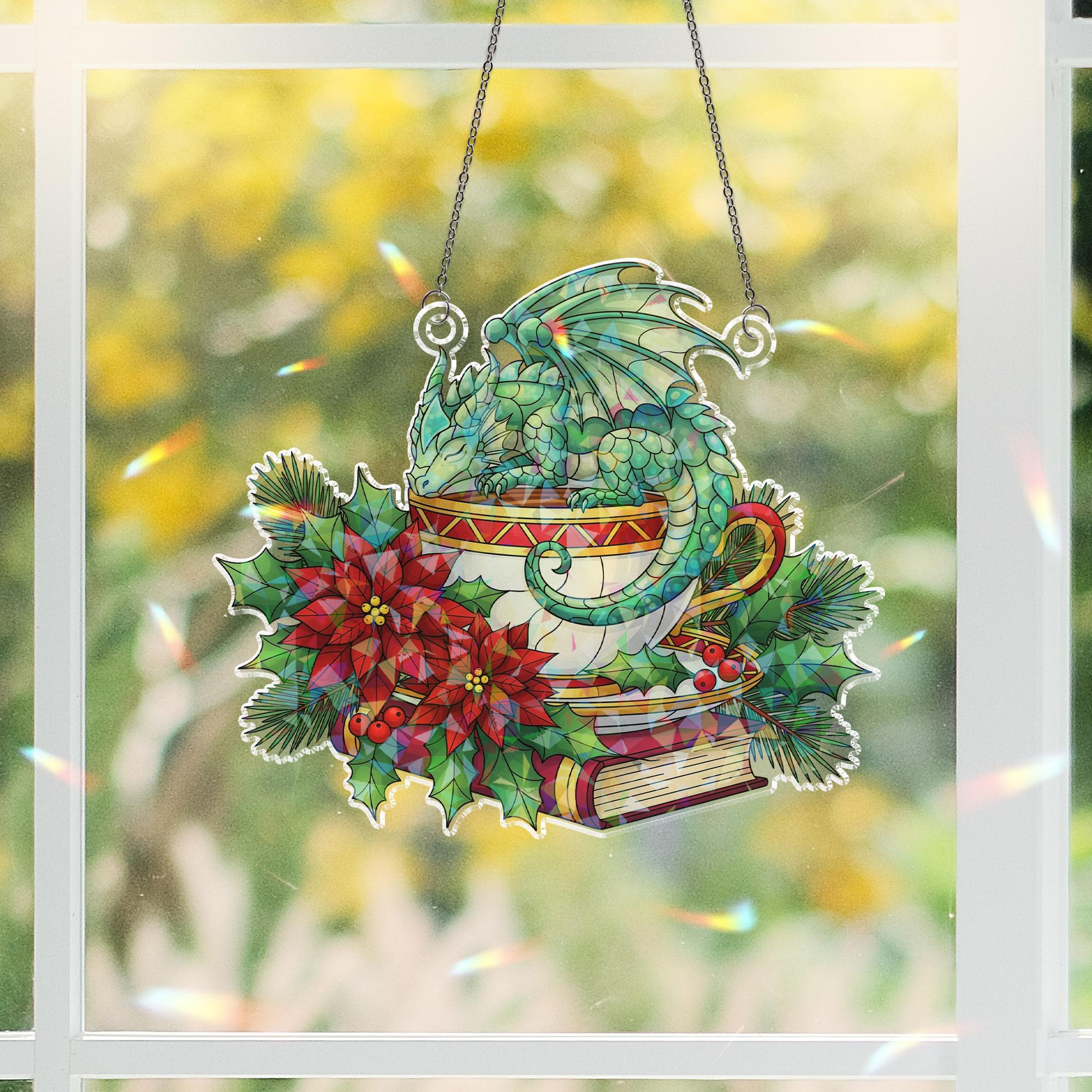 Acrylic Window Hanging: Christmas Dragon Sun Catcher Holiday Decoration with Poinsettias