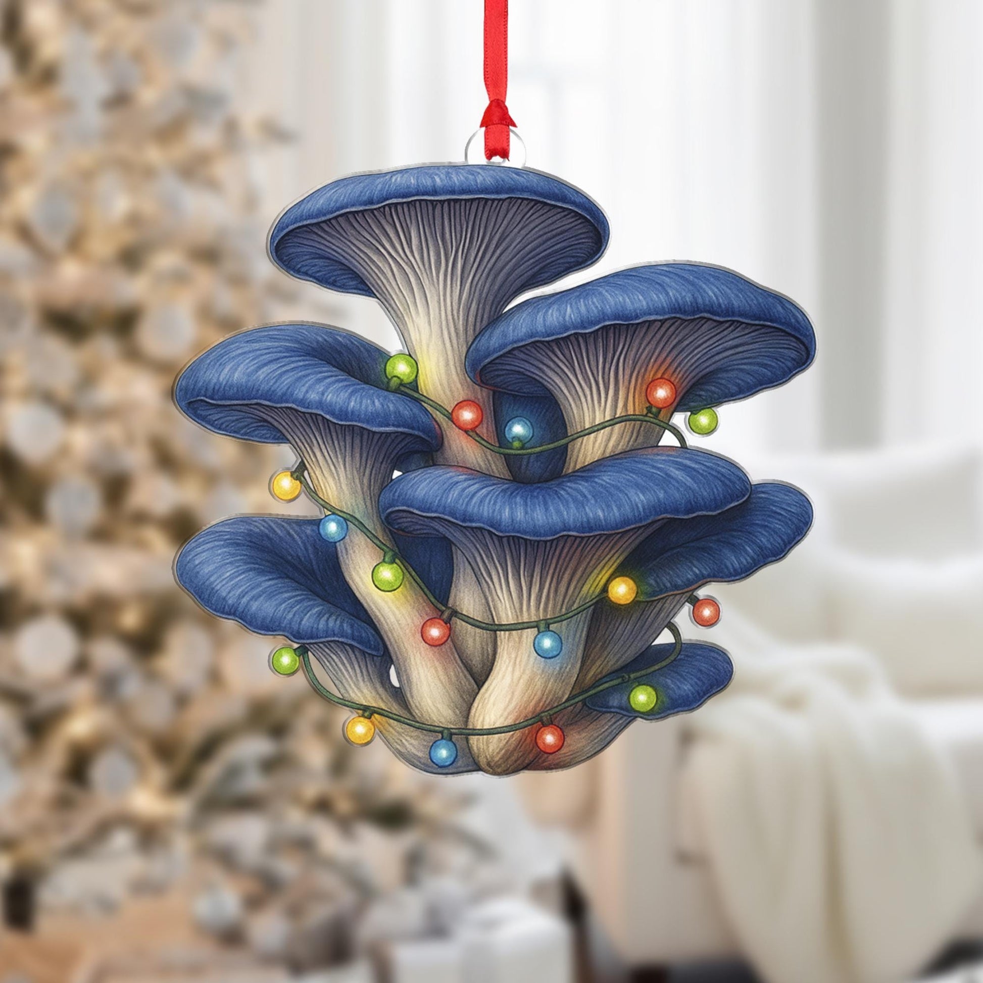 Mushroom Christmas Ornament – Blue Oyster Design with Holiday String Lights
