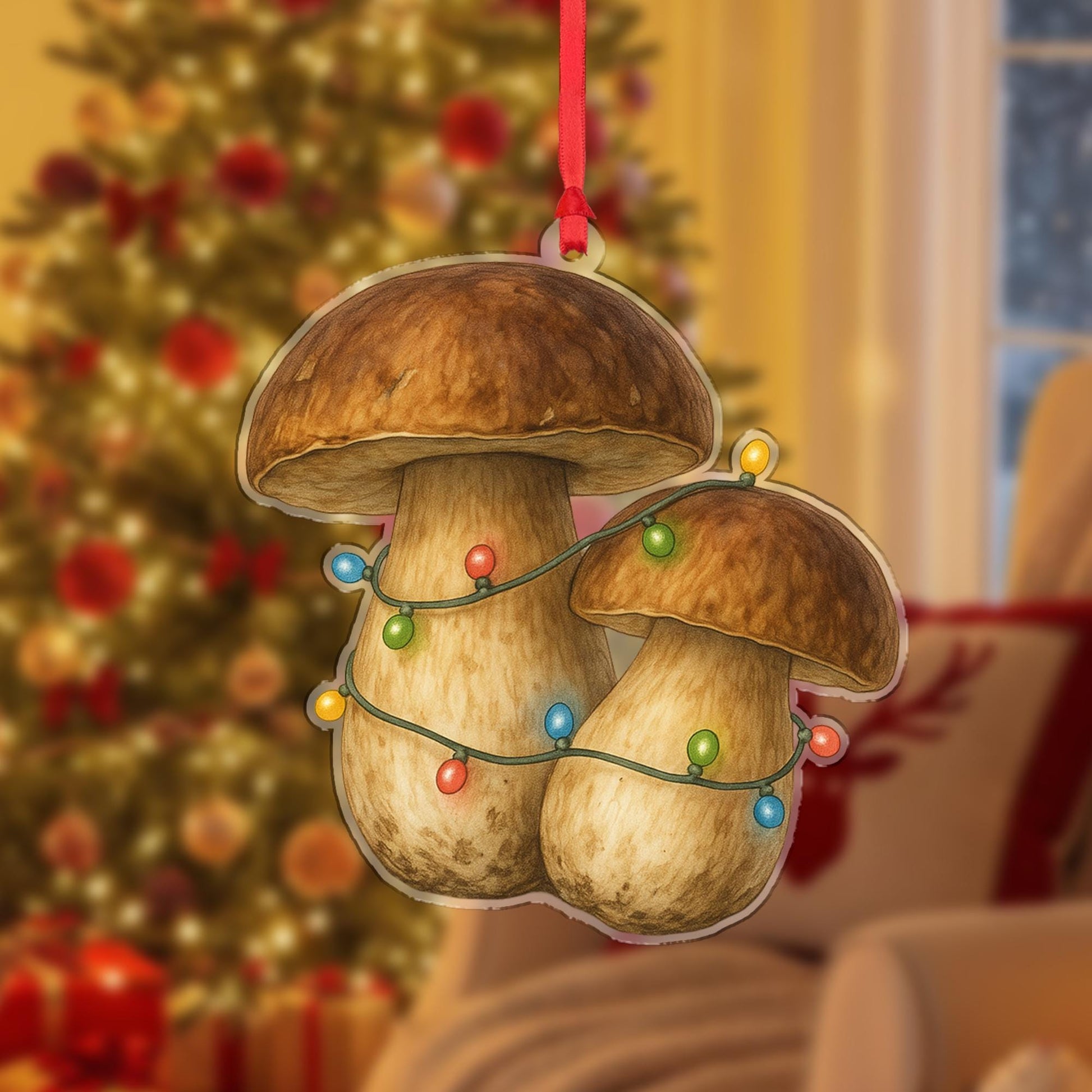 Mushroom Christmas Ornament – Porcini Design with Holiday String Lights