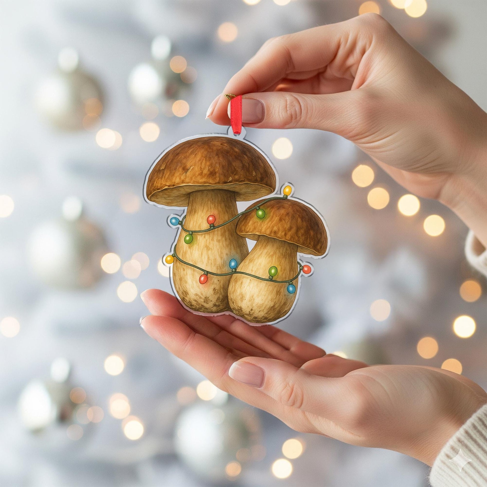 Mushroom Christmas Ornament – Porcini Design with Holiday String Lights