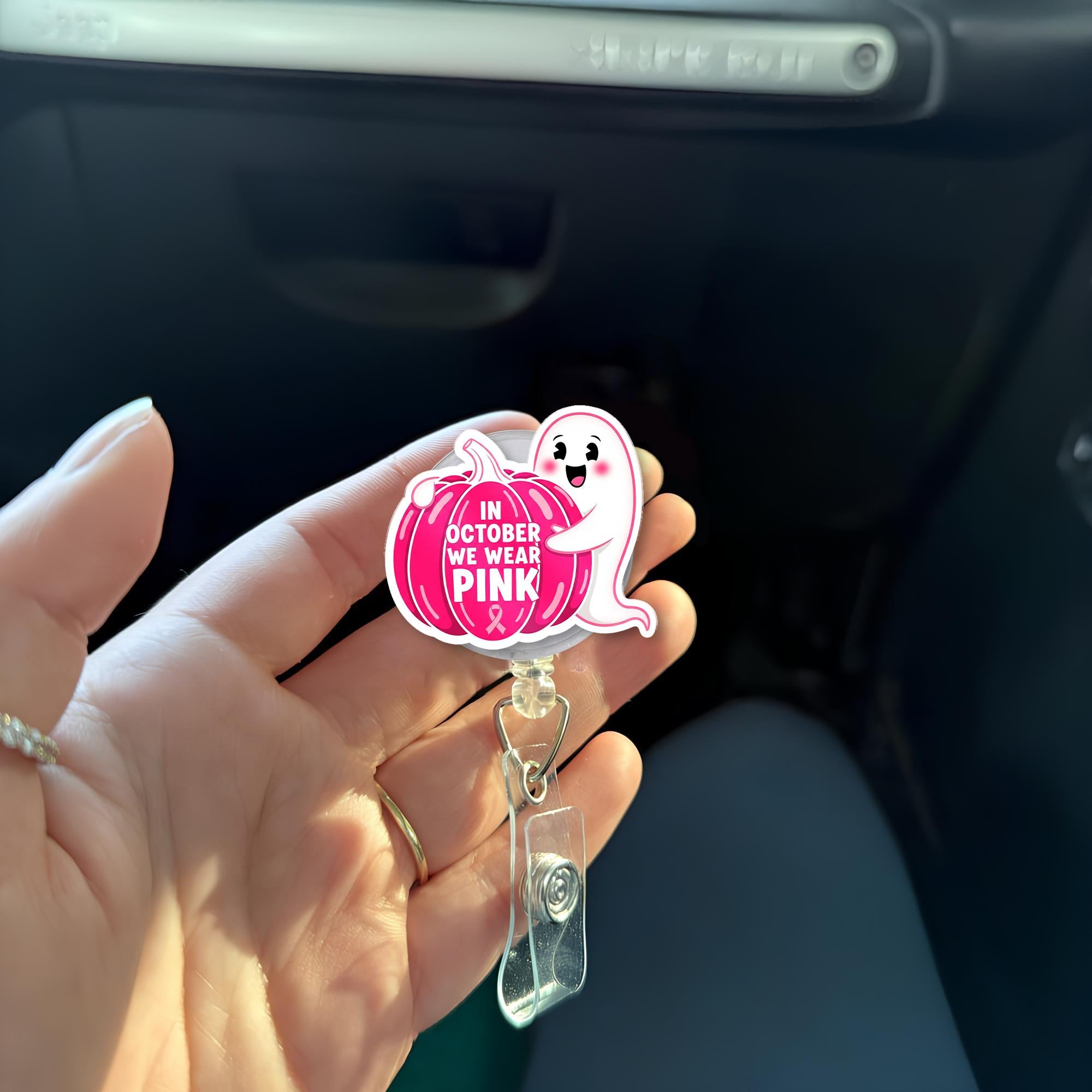 Breast Cancer Awareness Badge Reel: Pink Ghost Pumpkin ID Holder October Support