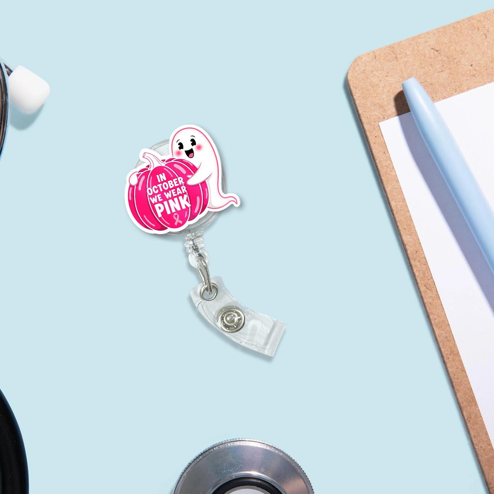Breast Cancer Awareness Badge Reel: Pink Ghost Pumpkin ID Holder October Support